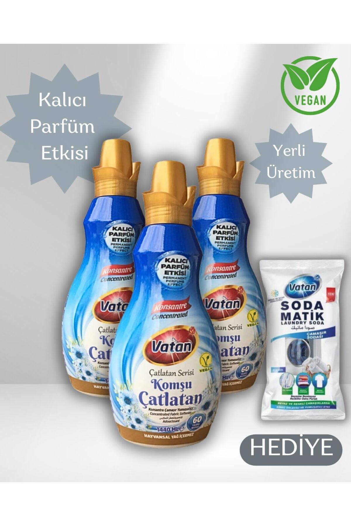 Vatan 3 Adet Komşu Çatlatan Konsantre Çamaşır Yumuşatıcısı + ÇAMAŞIR SODASI - %100 Vegan, 1440 ml