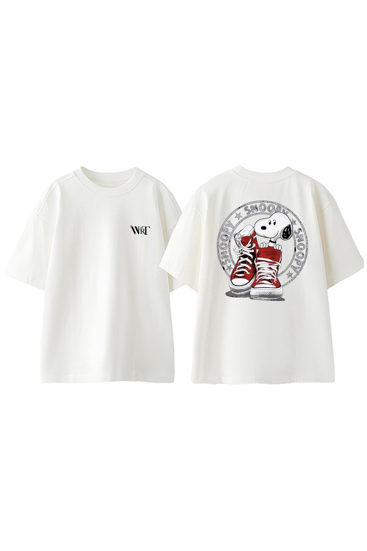 THEWERT Snoopy Ayakkabı Tasarım Sırt Baskılı Pamuk Beyaz Oversize T-shirt