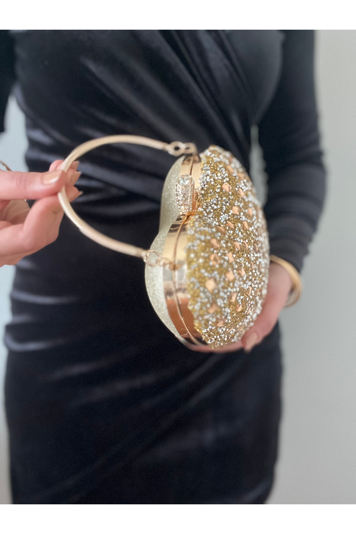 Baykuş Boutique Kalpli Abiye Çanta Kadın Kristal Taşlı El ve Omuz Askılı Abiye Çanta görsel 5