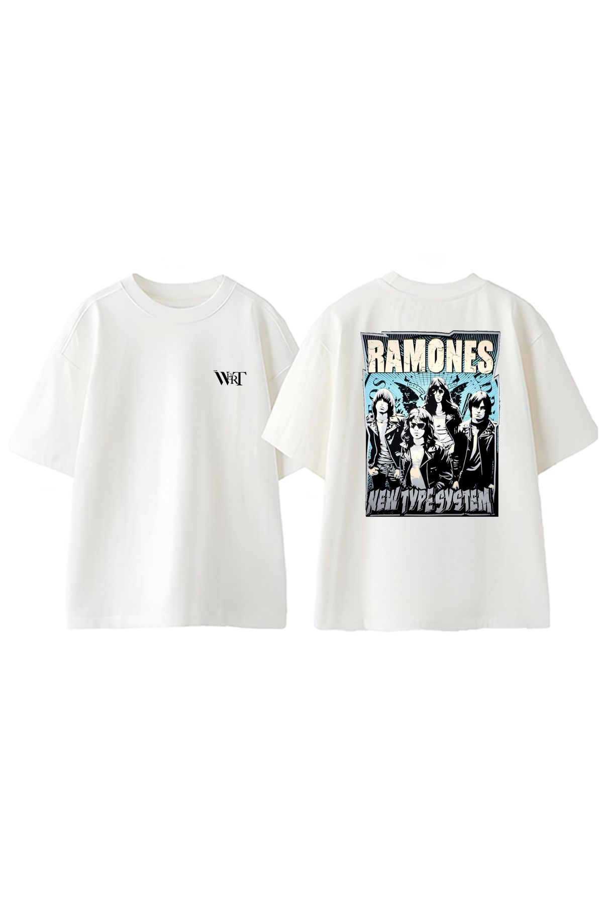 THEWERT Ramones New Type System Tasarım Sırt Baskılı Pamuk Beyaz Oversize T-shirt