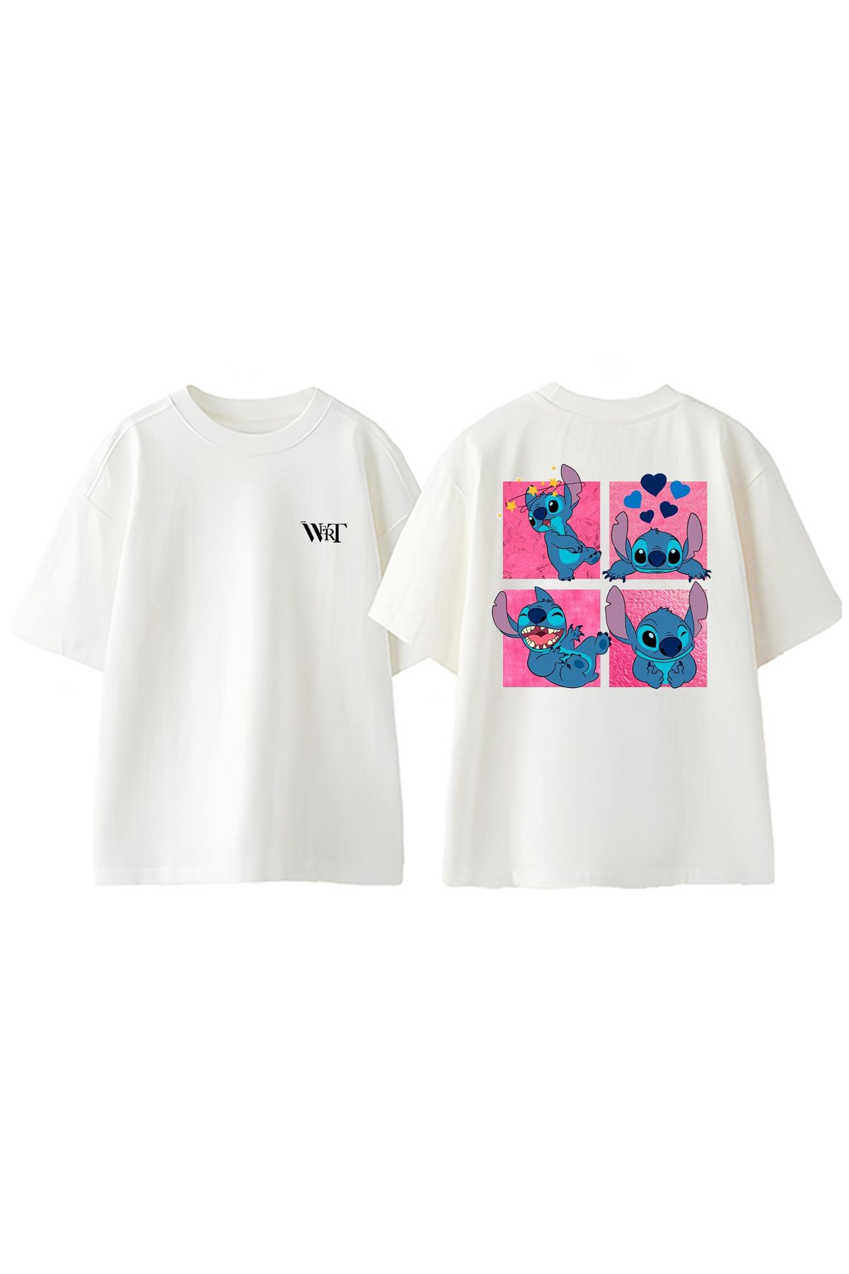THEWERT Stitch Pink Tasarım Sırt Baskılı Pamuk Beyaz Oversize T-shirt