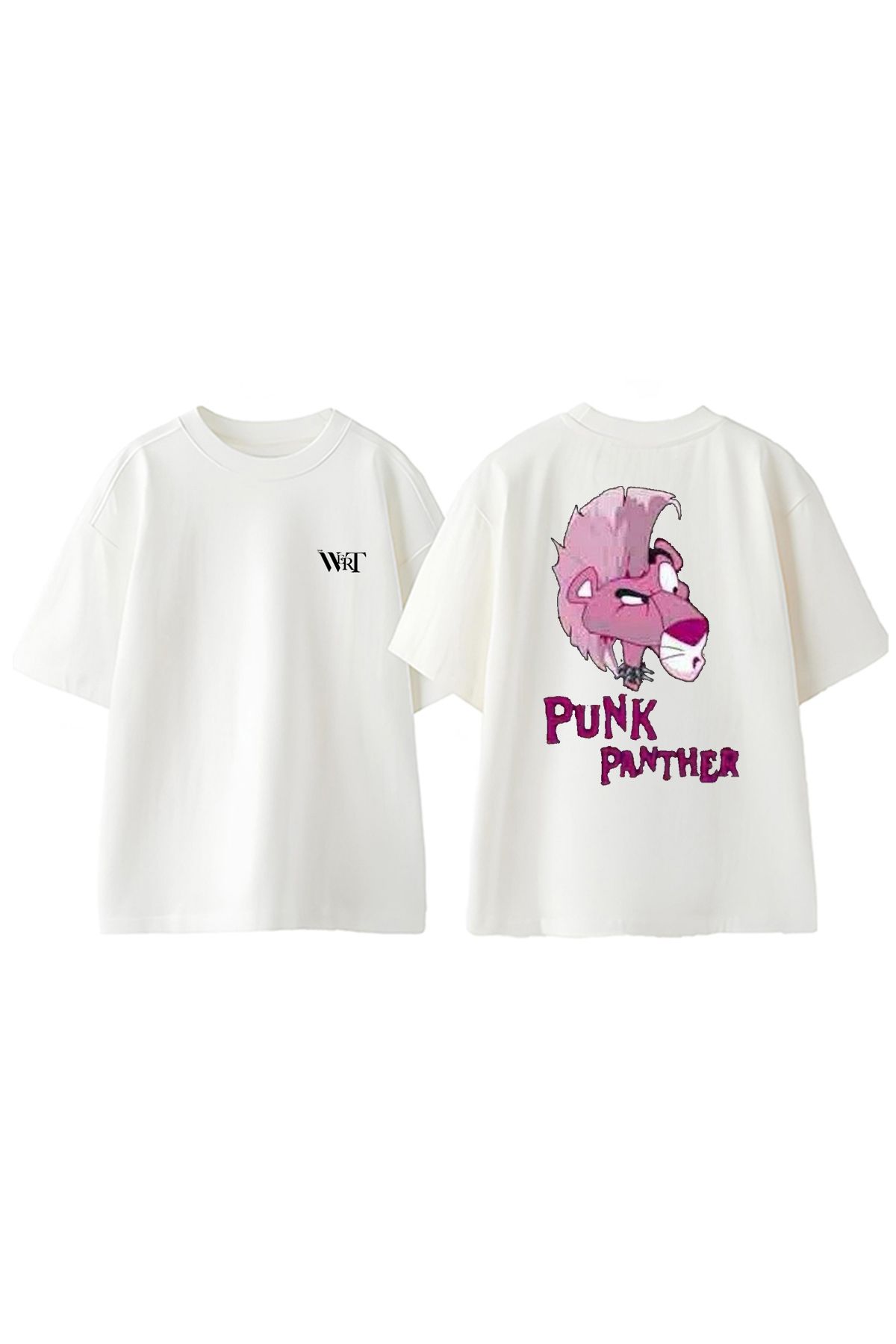 THEWERT Punk Panther Tasarım Sırt Baskılı Pamuk Beyaz Oversize T-shirt