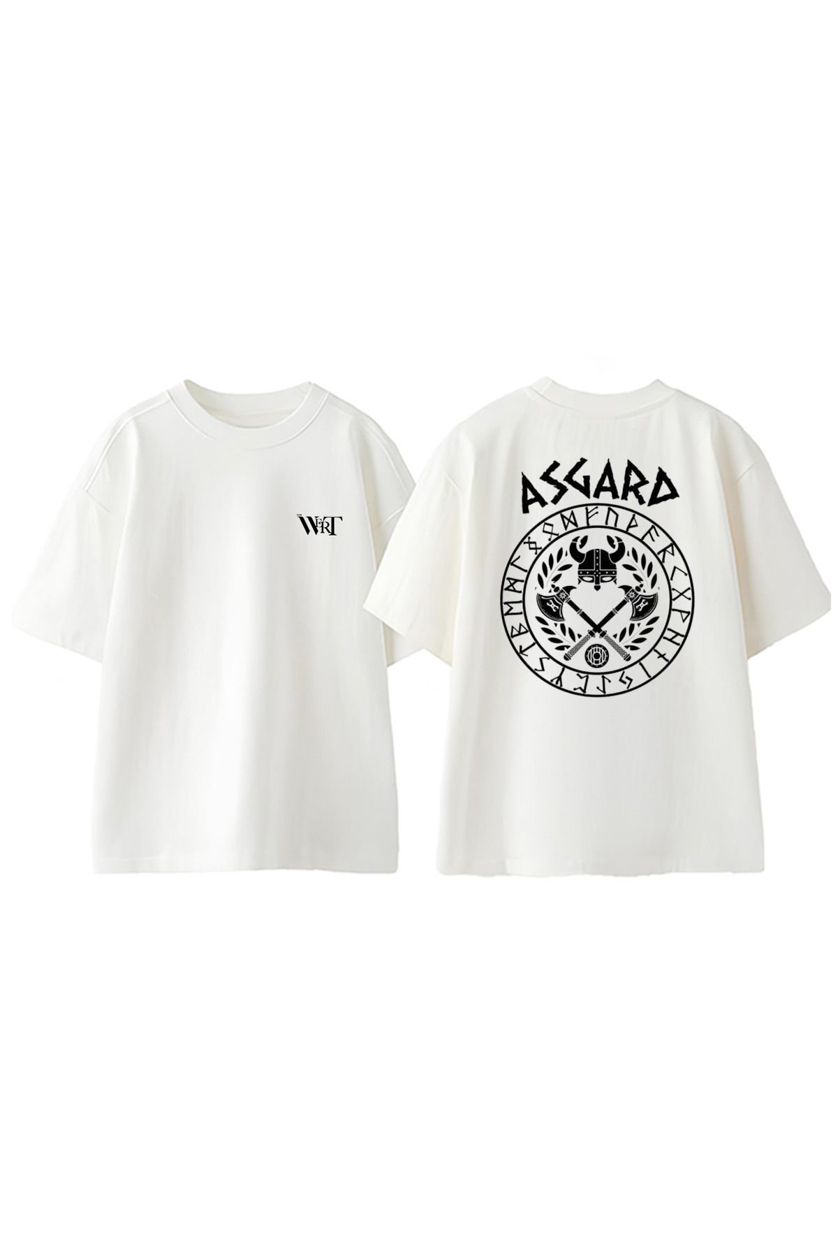 THEWERT Viking Asgard Tasarım Sırt Baskılı Pamuk Beyaz Oversize T-shirt