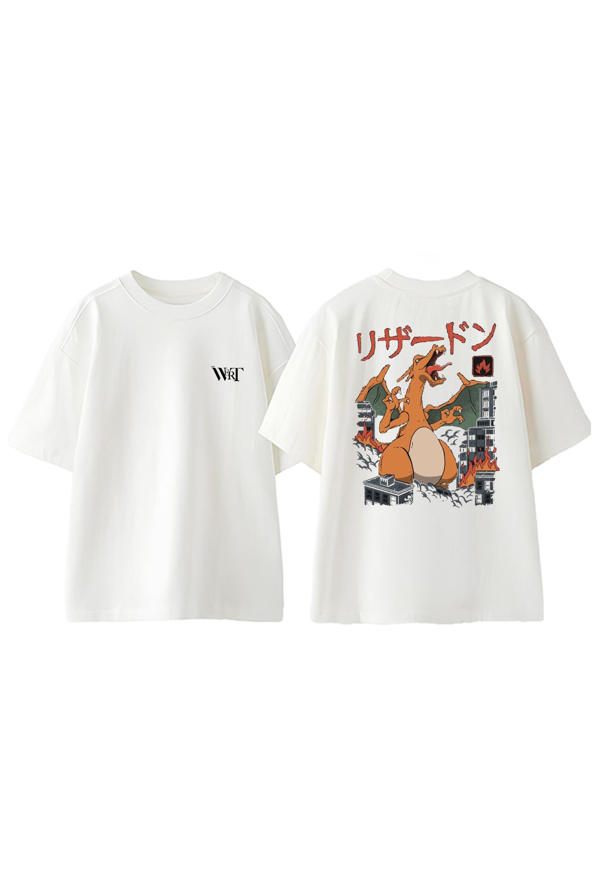 THEWERT Pokemon Charizard Japon Tasarım Sırt Baskılı Pamuk Beyaz Oversize T-shirt