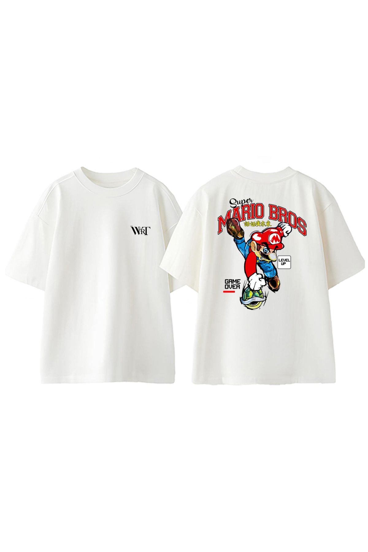 THEWERT Super Marıo Bros Tasarım Sırt Baskılı Pamuk Beyaz Oversize T-shirt