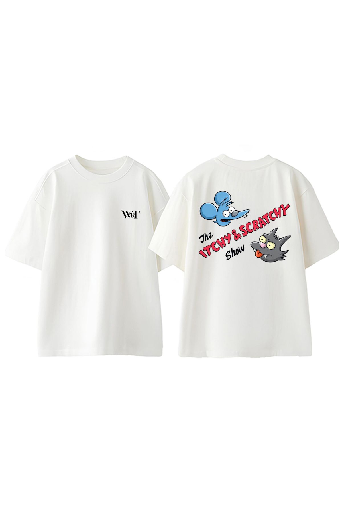 THEWERT The Itchy And Scratchy Show Tasarım Sırt Baskılı Pamuk Beyaz Oversize T-shirt