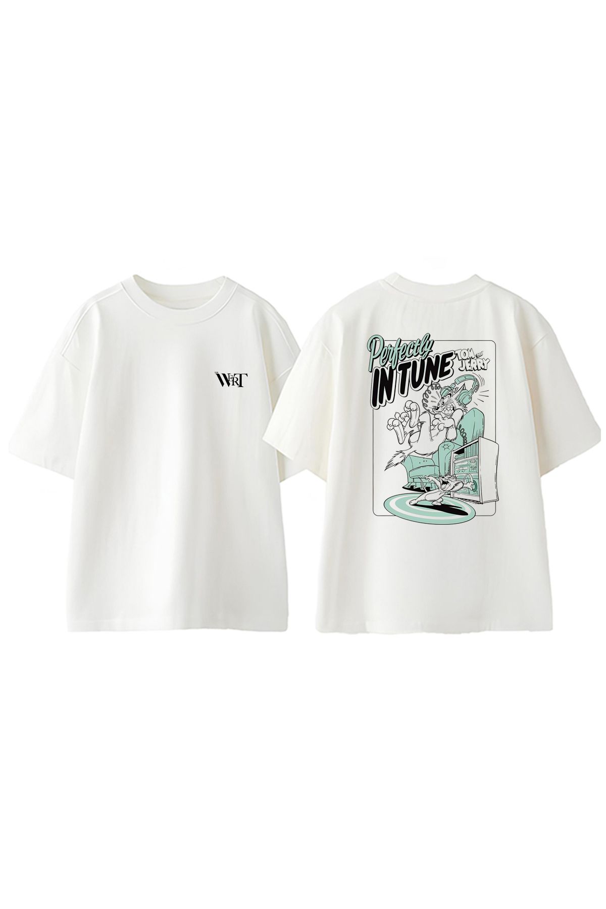 THEWERT Tom And Jerry Perfectly Tasarım Sırt Baskılı Pamuk Beyaz Oversize T-shirt
