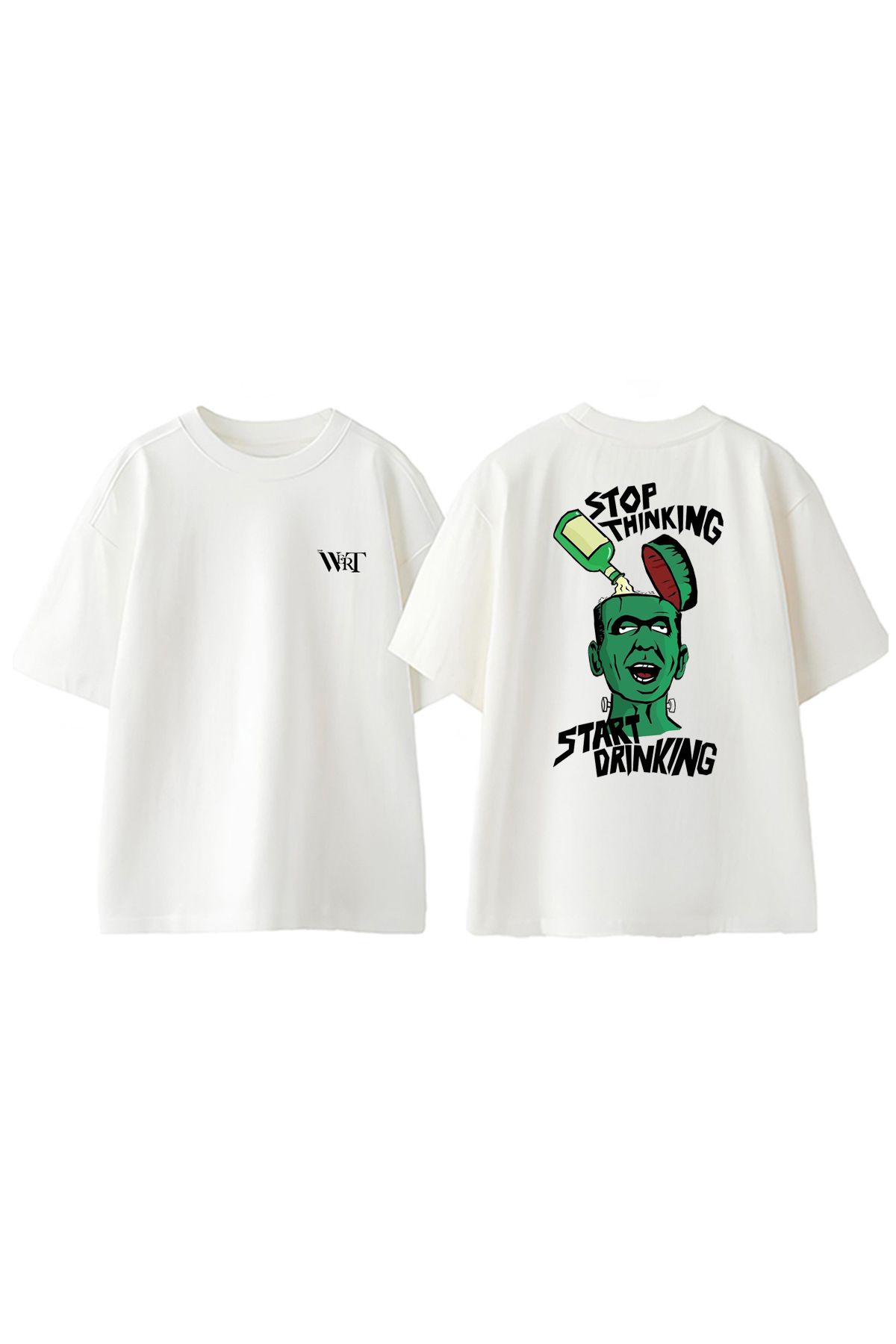 THEWERT Start Drınkınng Frankenstein Tasarım Sırt Baskılı Pamuk Beyaz Oversize T-shirt