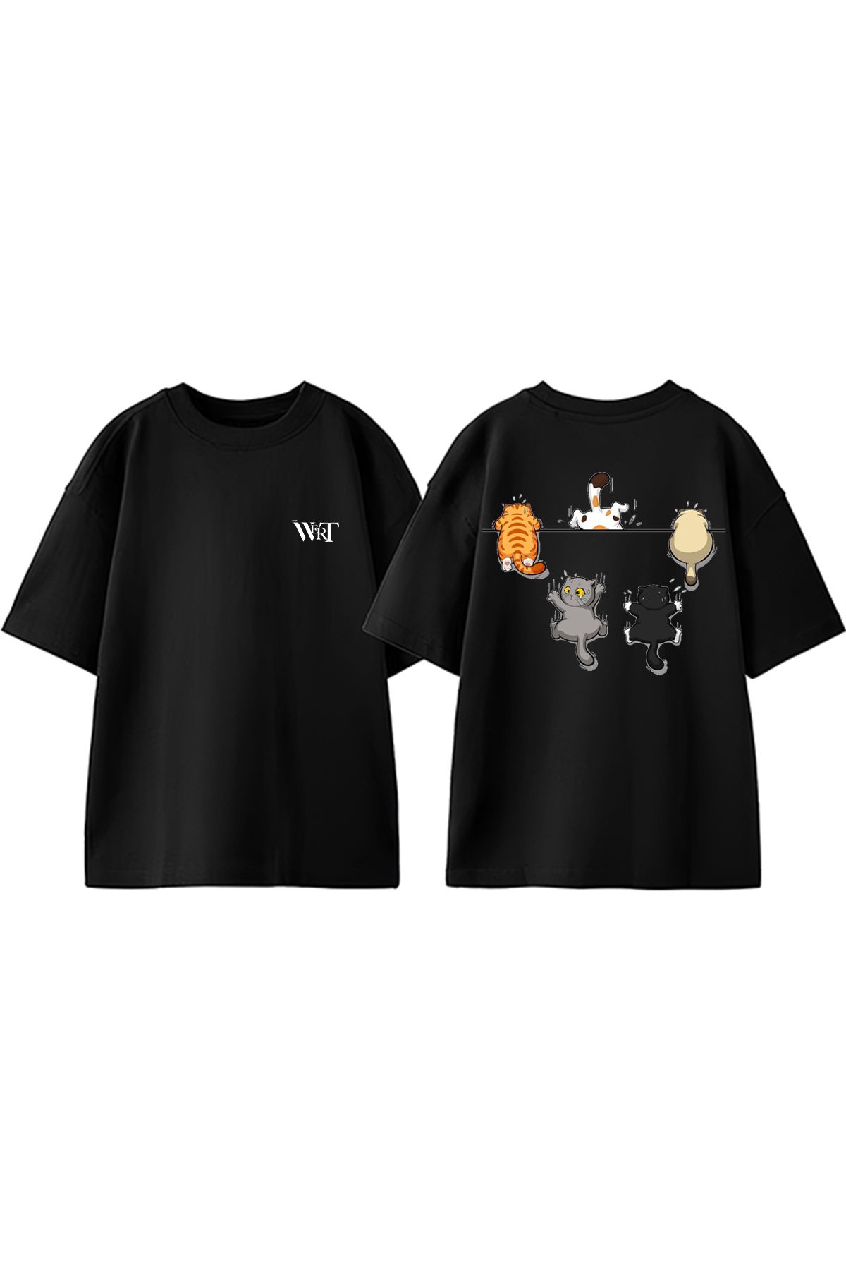THEWERT Tırmanan Kediler Tasarım Sırt Baskılı Pamuk Siyah Oversize T-shirt