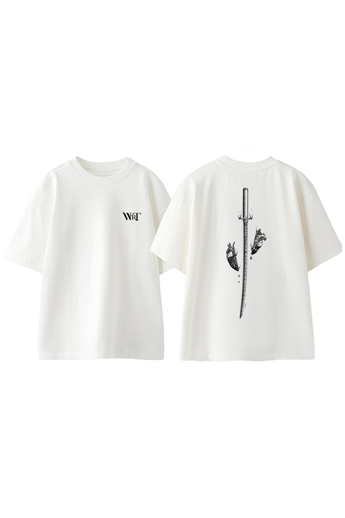 THEWERT Samuray Kılıcı Ve Kalp Tasarım Sırt Baskılı Pamuk Beyaz Oversize T-shirt