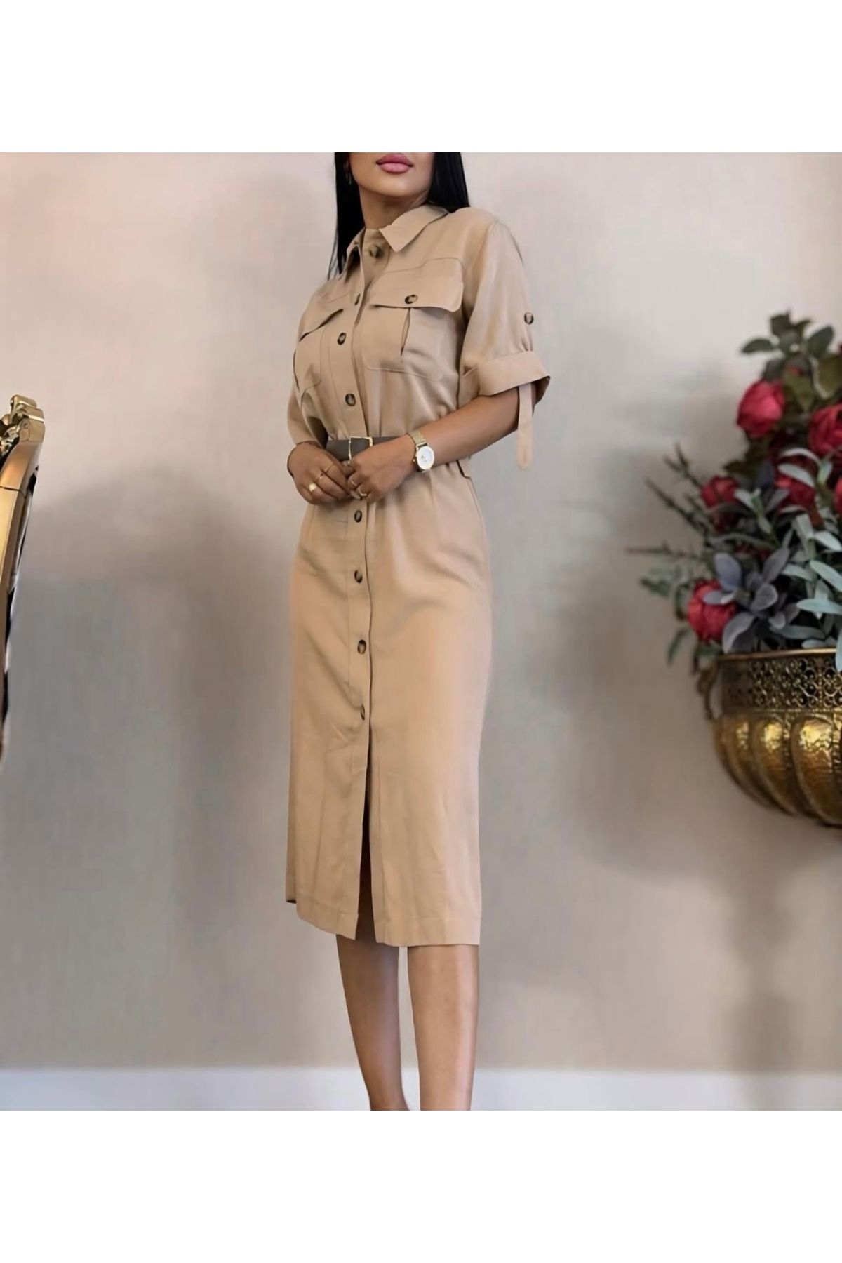 Gülşen Gök Butik Keten Düğme Detay Kemerli Midi Boy Elbise