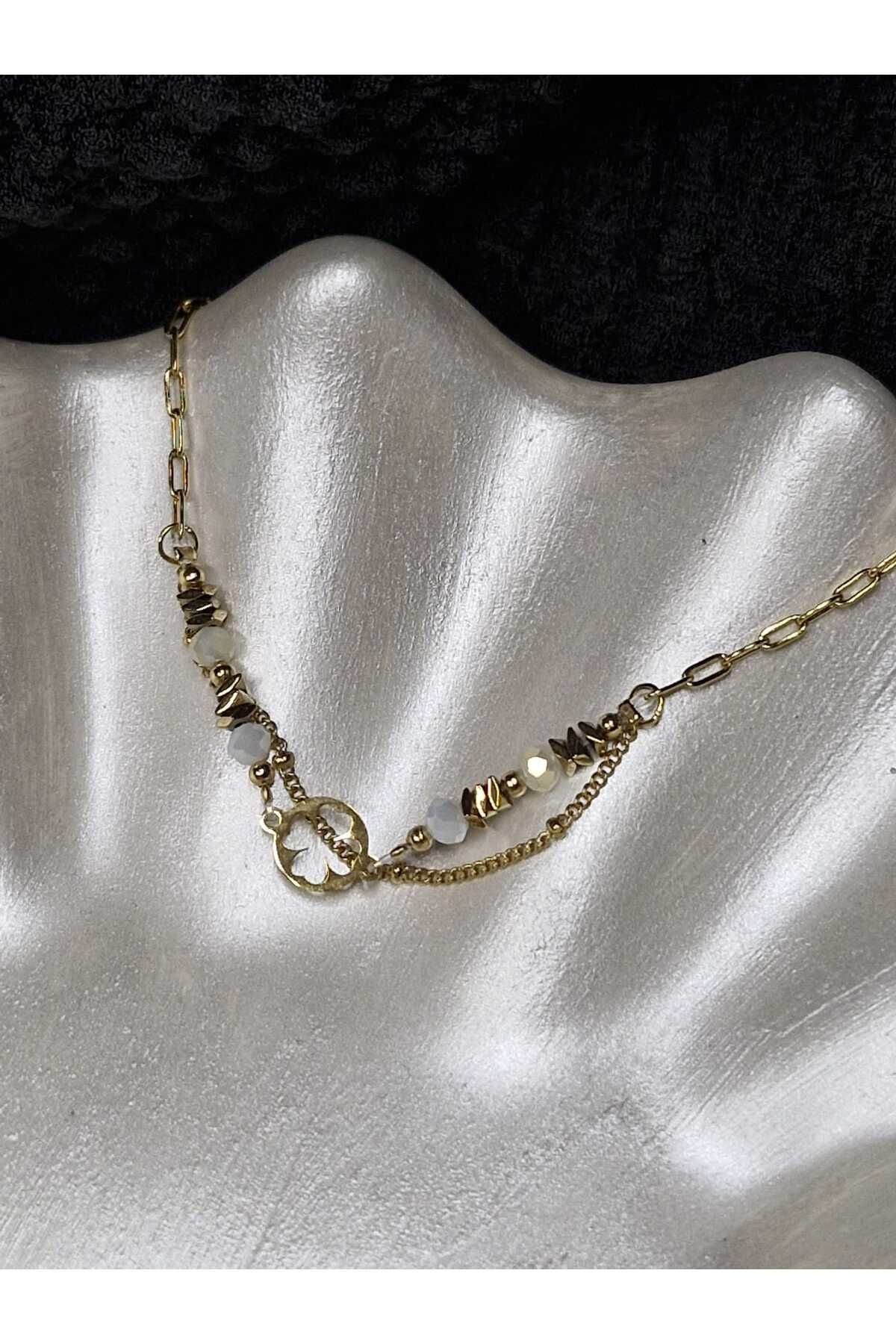 Palk Store Çelik Yonca Beyaz Taş Detaylı Bileklik Gold