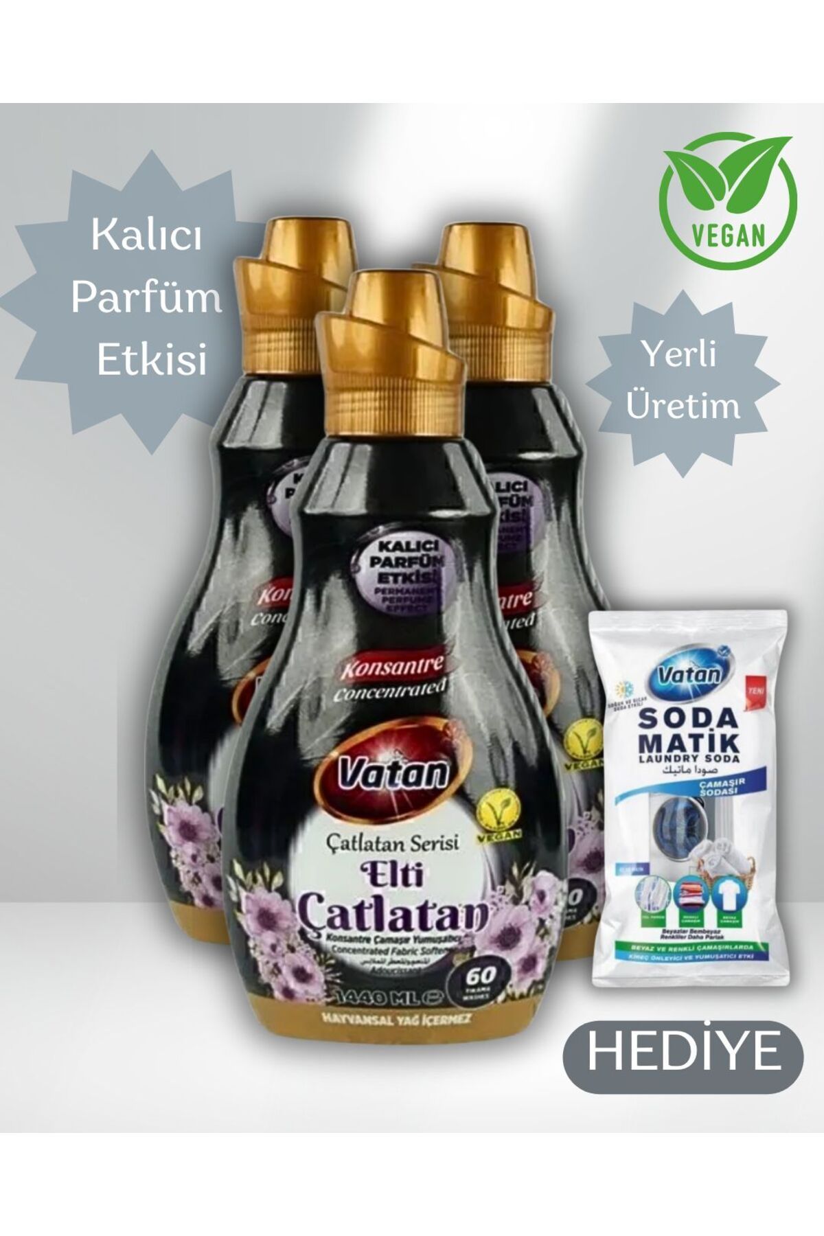 Vatan 3 Adet Elti Çatlatan Konsantre Çamaşır Yumuşatıcısı HEDİYE ÇAMAŞIR SODASI - %100 Vegan, 1440 ml
