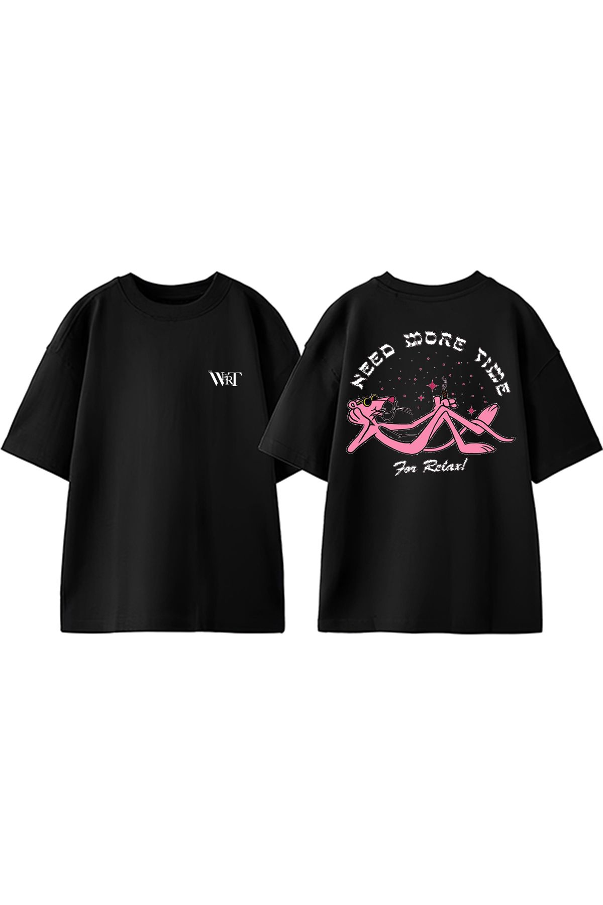 THEWERT Pink Panther Relax Tasarım Sırt Baskılı Pamuk Siyah Oversize T-shirt