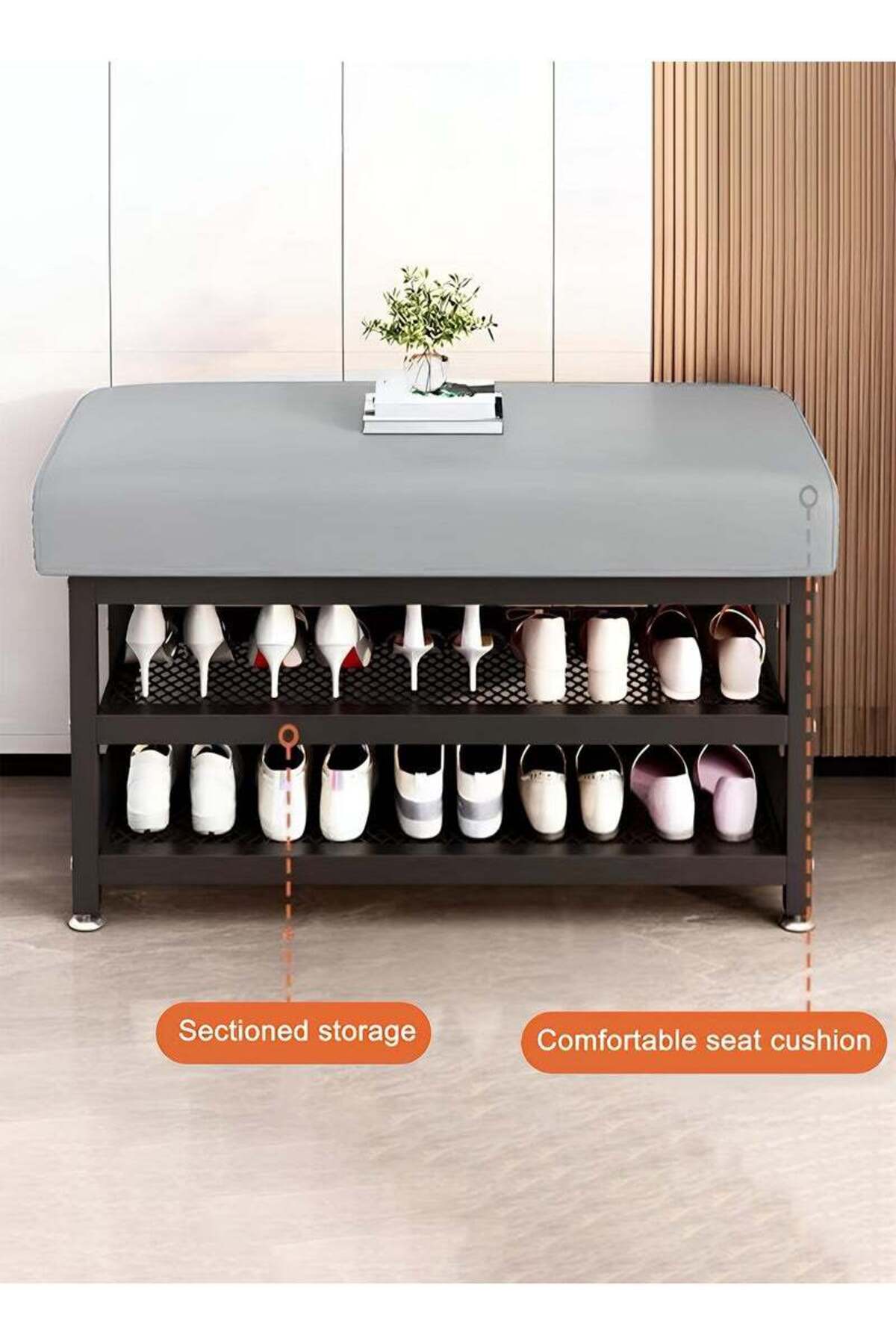 Taimi-2-Tier Shoe Organizer with Padded Seat, Shoe Rack for Bedroom and Hallway 100x32x51cm - Grey 3