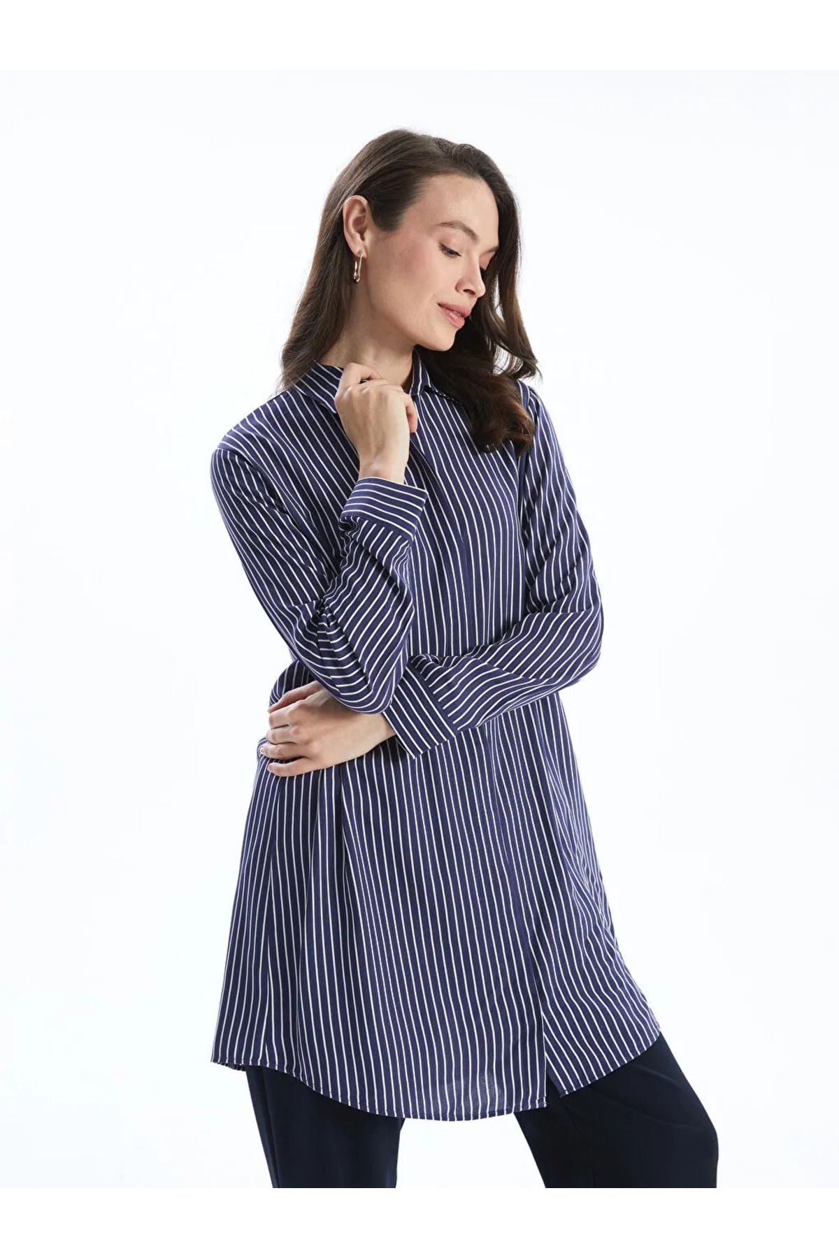 LC Waikiki LCW Grace Lacivert Çizgili Poplin Kadın Gömlek Tunik