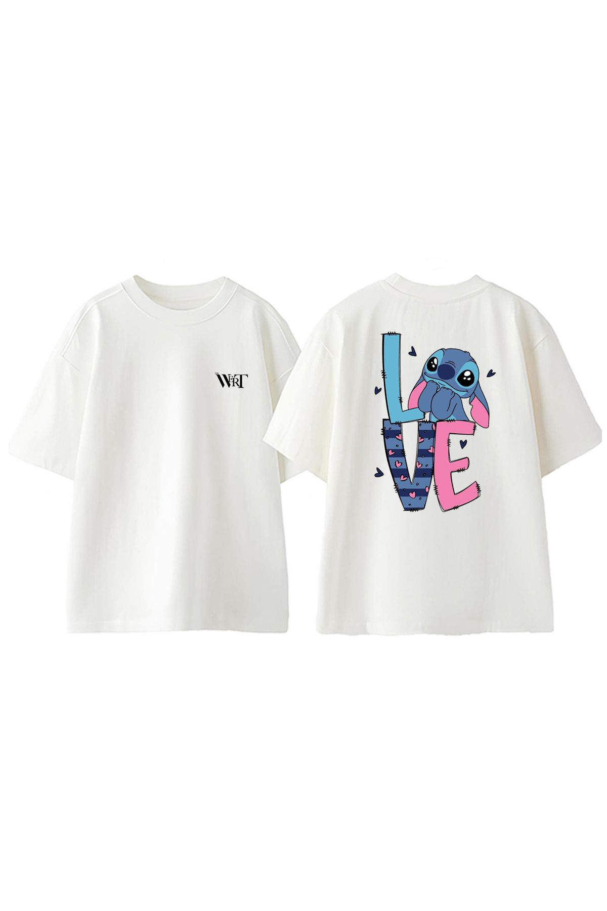 THEWERT Stitch Love Tasarım Sırt Baskılı Pamuk Beyaz Oversize T-shirt