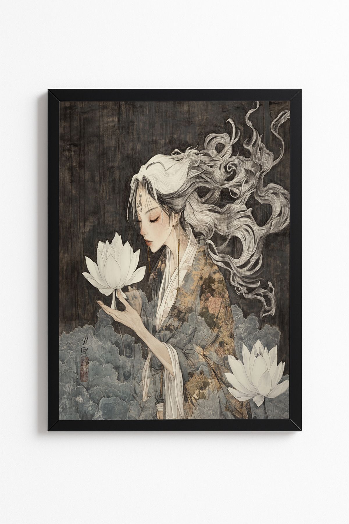 Patte Lotus Çiçekli Asya Kadın Figürü Poster - Uzak Doğu - Çerçevesiz Duvar Poster Yüksek Kaliteli Tablo
