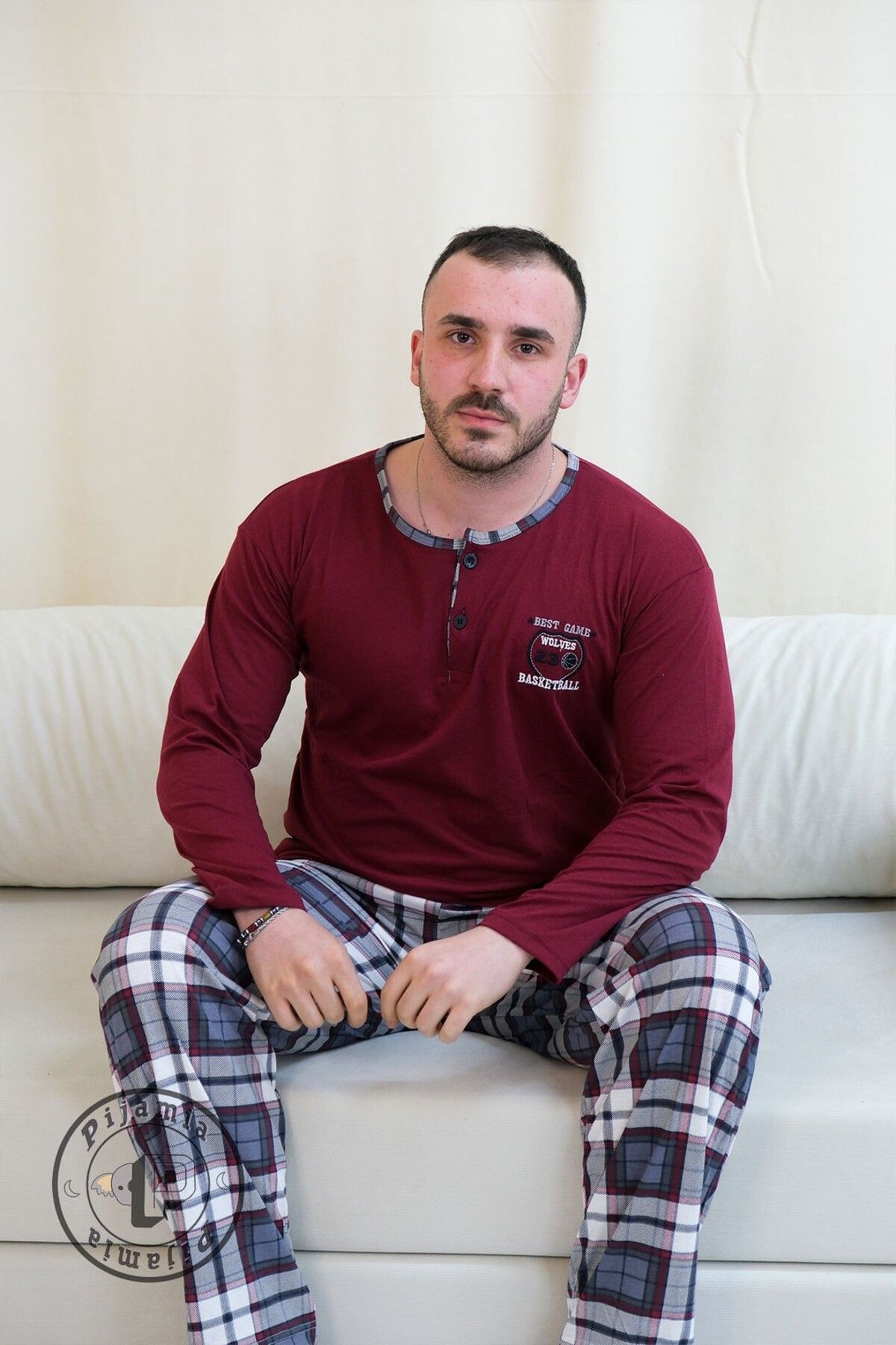 Pijamia BORDO EKOSE DESENLİ DÜĞMELİ UZUN KOL ERKEK PİJAMA TAKIMI