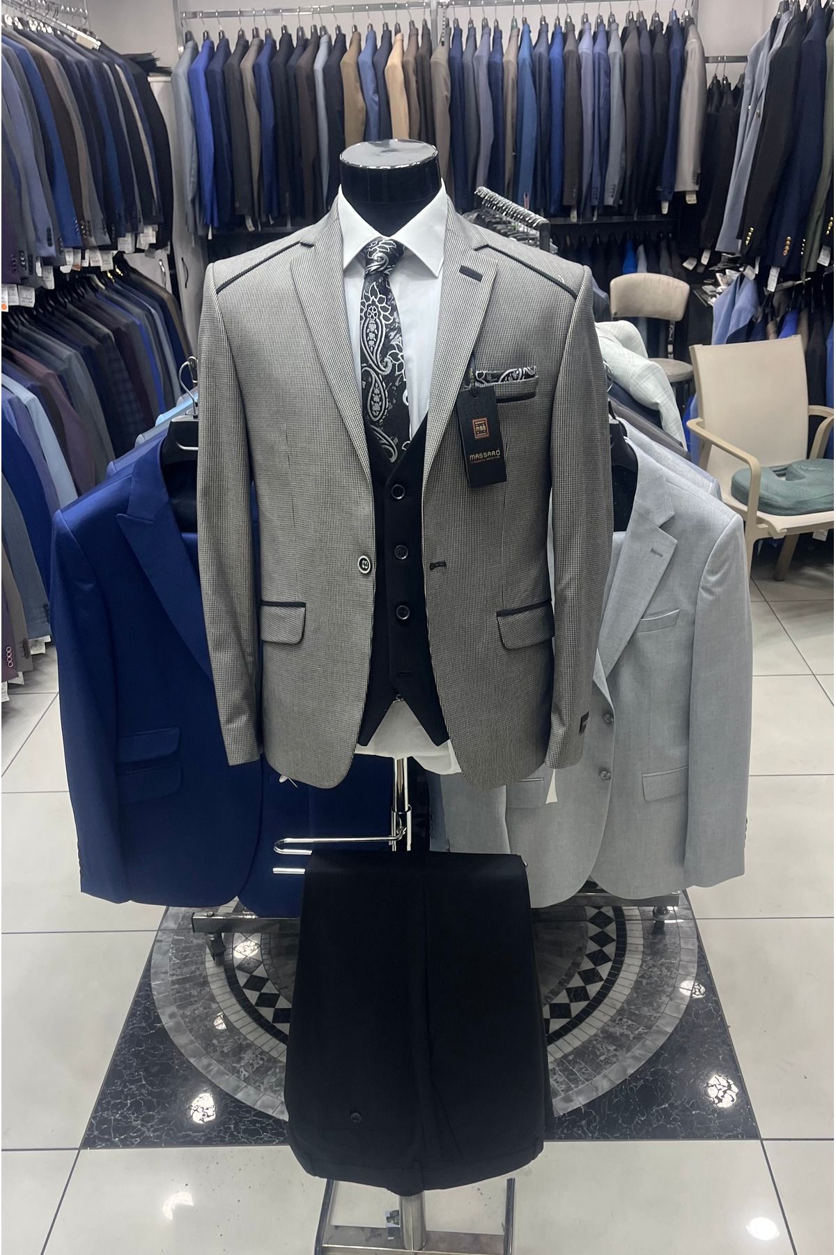 MASSARO KOMBİNLI SLIMFIT YELEKLI TAKIM ( CEKET DUZ VEYA KARELI. PANT YELEK DÜZ)