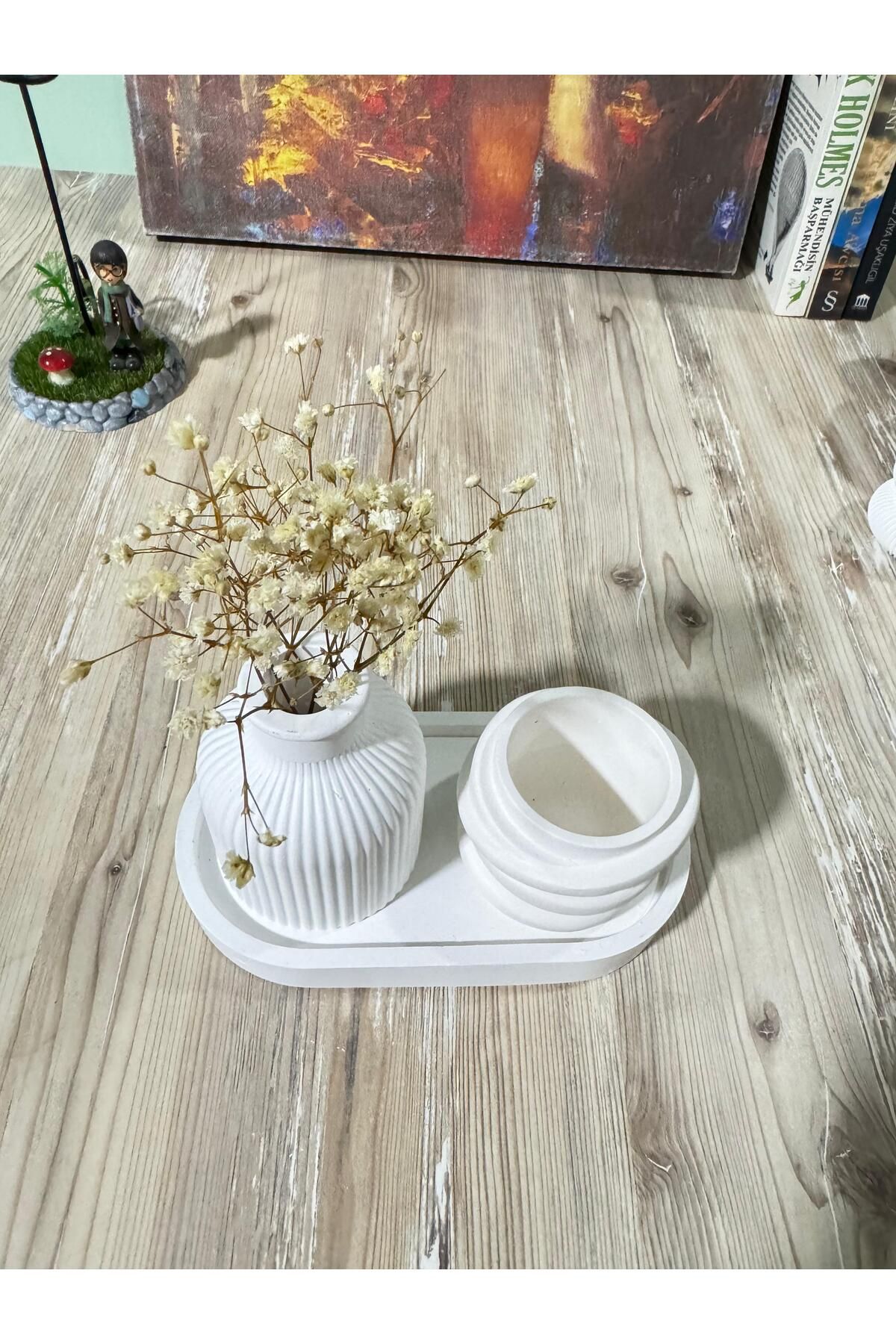 aknhobi AKNHOBİ Dekoratif Özel Beyaz şekerlik & takılık , Dekoratif Oval Vazo ve Tepsi Seti