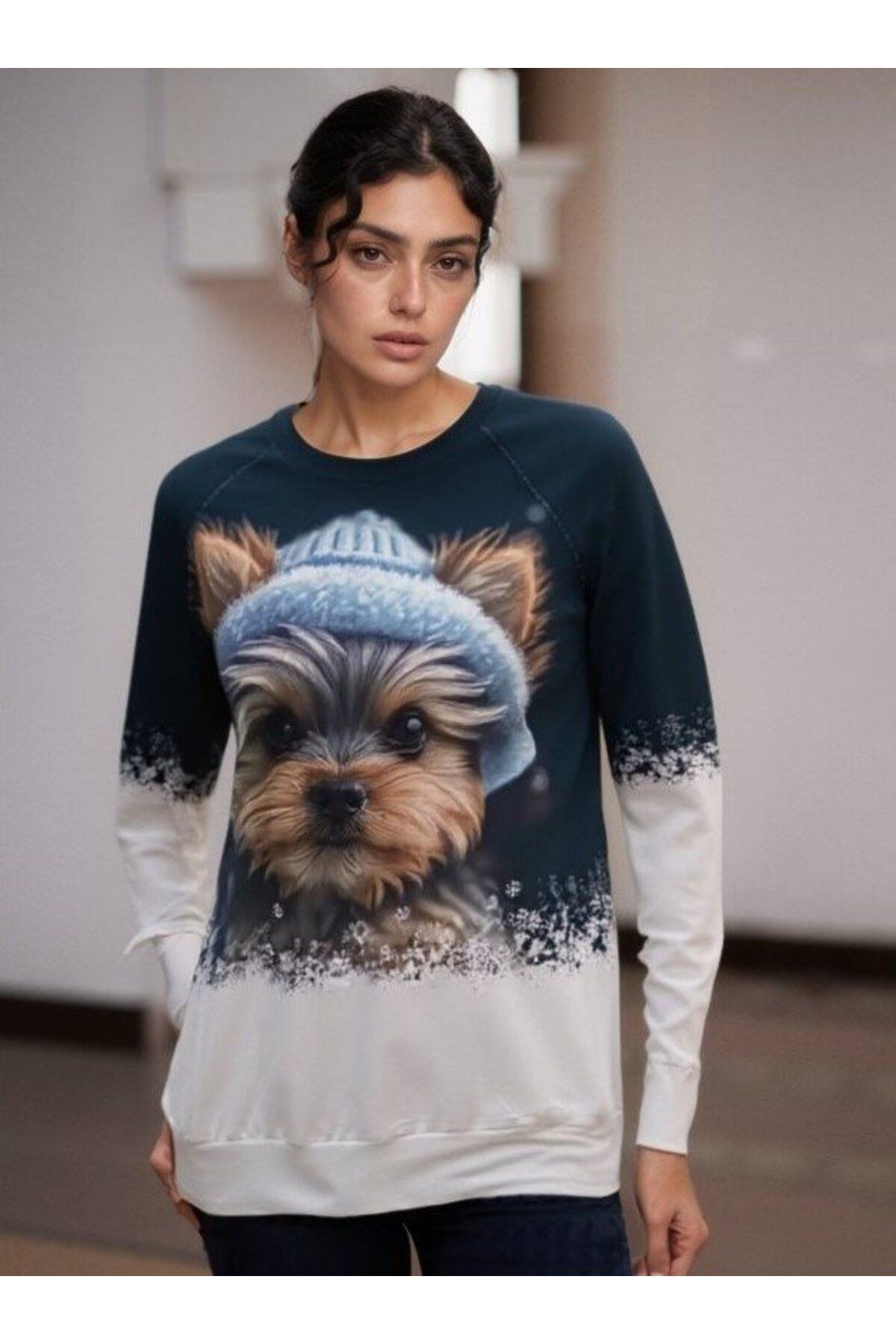 royq Kadın Uzun Kollu Bisiklet Yaka Köpek Baskılı şardonlu Dalgıç Bluz
