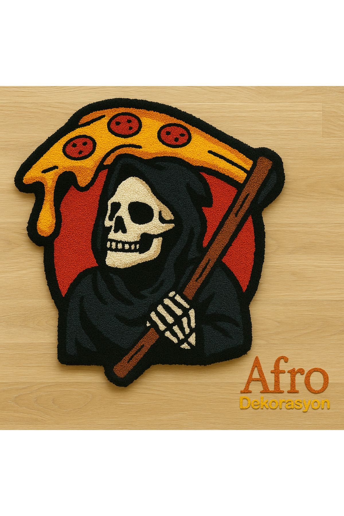 Afro Dekorasyon Bohem Tarzı Halı – El Yapımı, Tüylü Yumuşak Halı , Kuru Kafa Pizza Detay