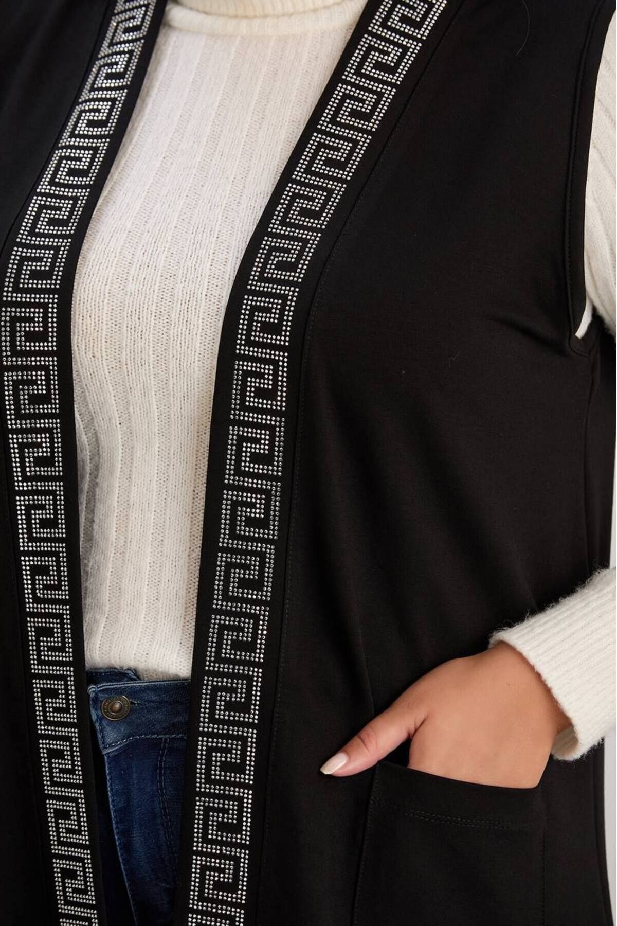 FOR ESRA BIG TREND-Women's Large Size Labyrinth Stone Pattern Printed Viscose Knitted Vest with Pockets Front Open Side Slits 2
