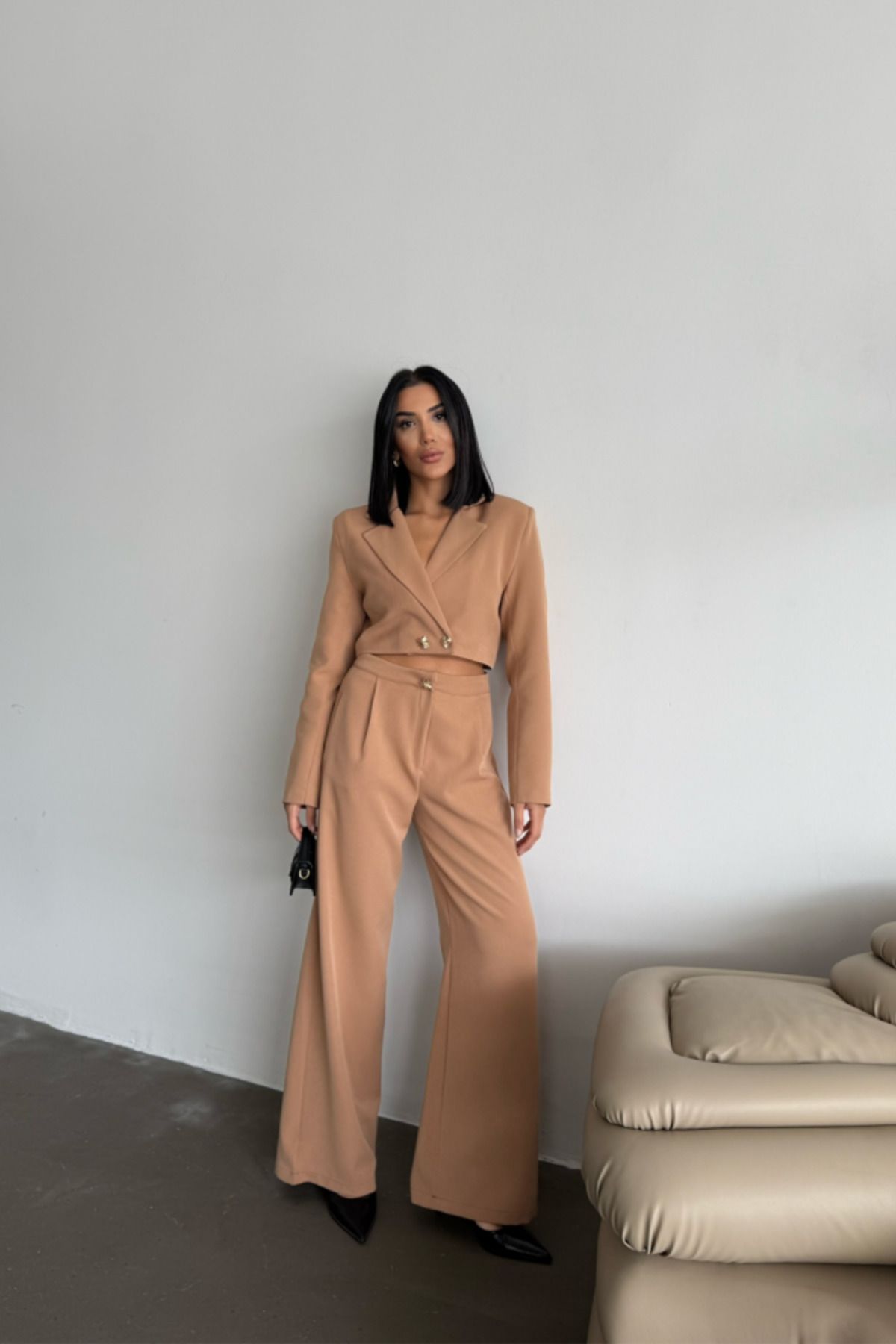 royq CROP CEKET - PANTOLON TAKIM GOLD DÜĞME DETAYLI - Kahverengi