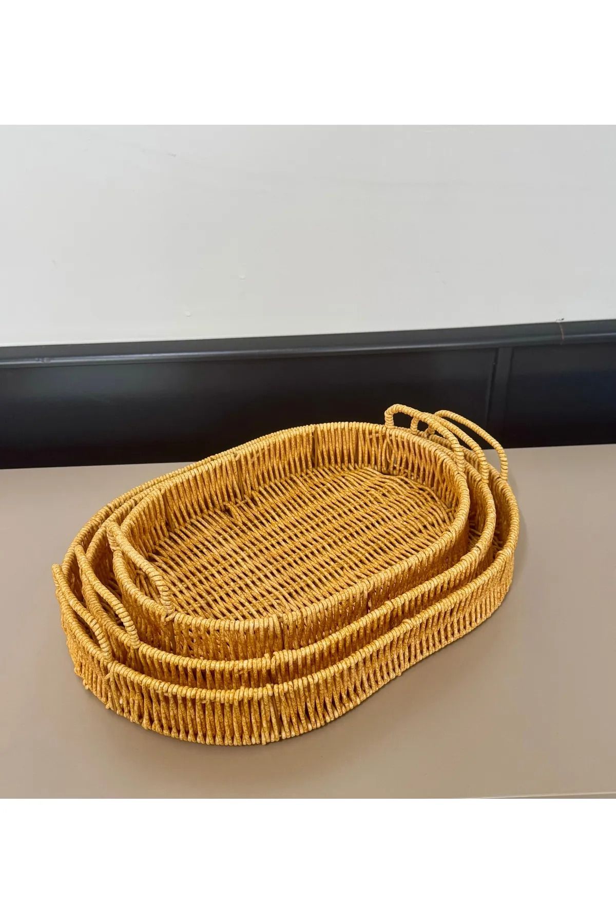 Hanedanev Hasır Rattan Hasır Kulplu Oval Tepsi Sunum 3'lü Set Organizer 3 Adet 3 Boy Hasır Tepsi