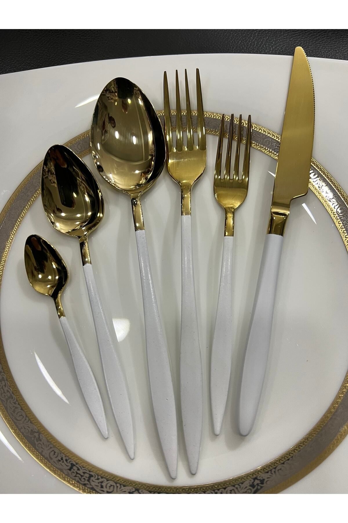 DMR LİFE Gold Dine Beyaz 42 Parça | Çatal Kaşık Bıçak Takımı | Gold | 18/10 Paslanmaz Çelik