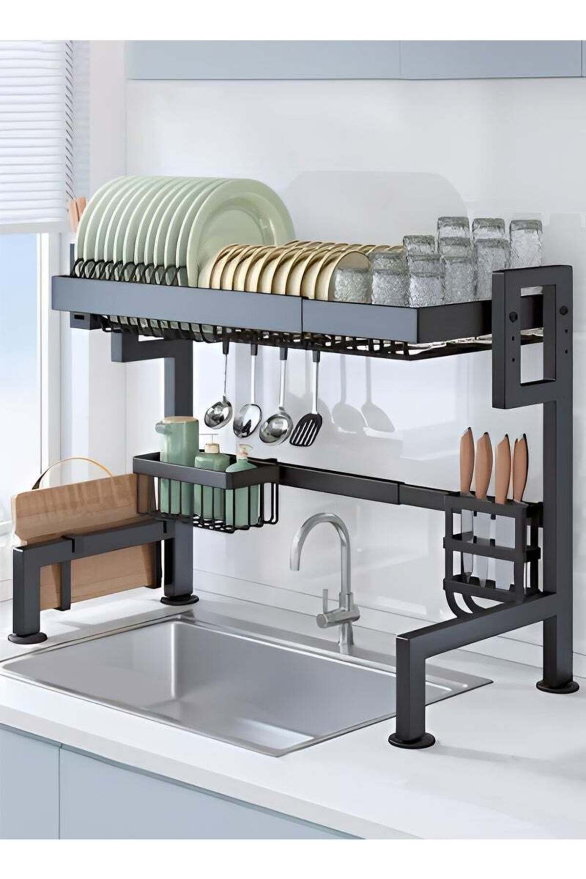 Taimi-Over Sink Dish Drying Rack (75cm) with Cutlery Basket, Knife and Cutting Board Holder Black 2