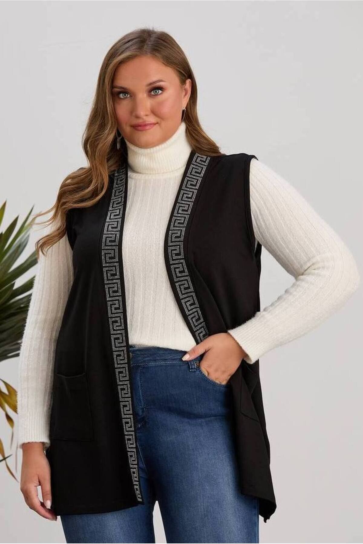 FOR ESRA BIG TREND-Women's Large Size Labyrinth Stone Pattern Printed Viscose Knitted Vest with Pockets Front Open Side Slits 4