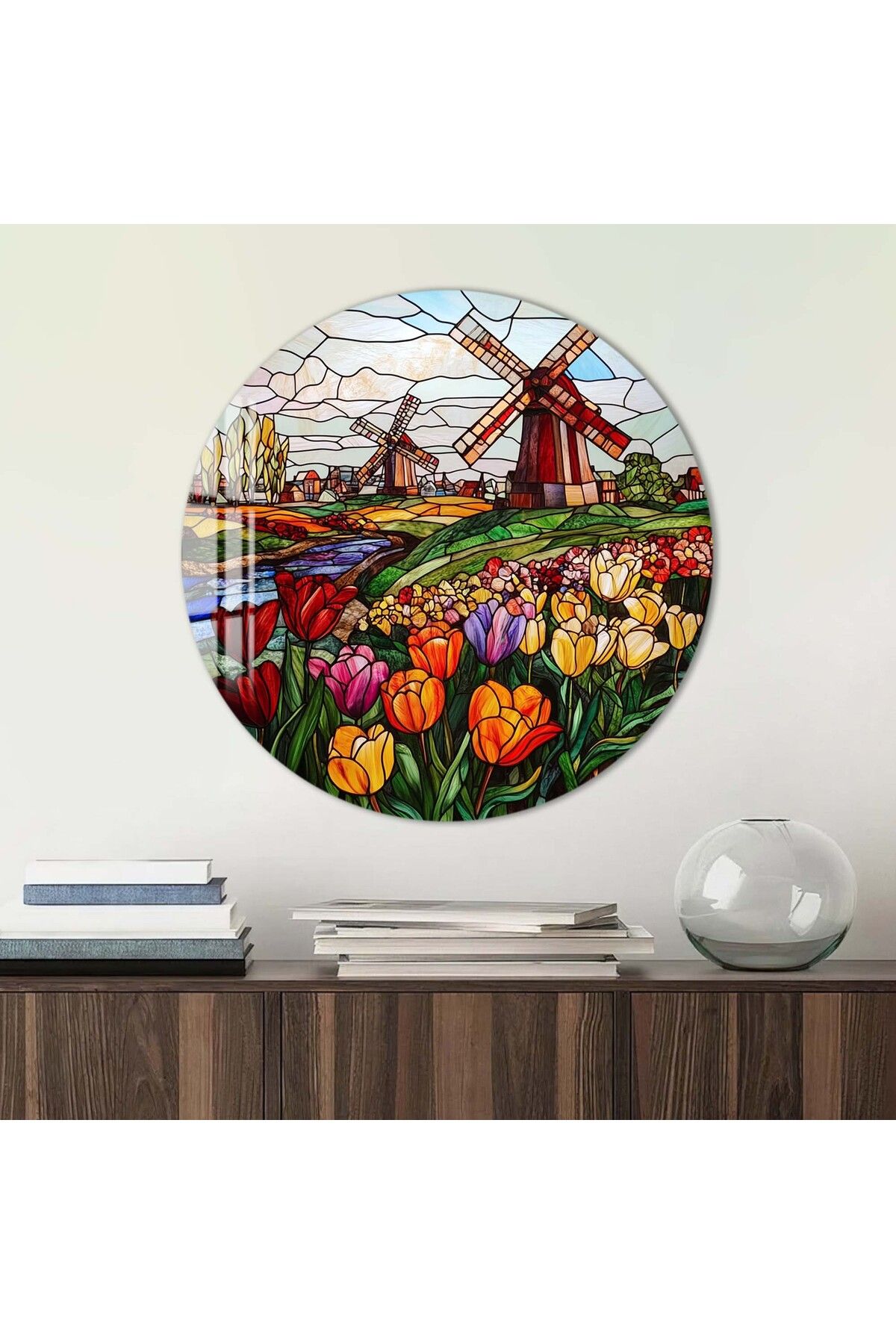Artmate Yuvarlak Temperli Kırılmaz Çiçek Cam Tablo