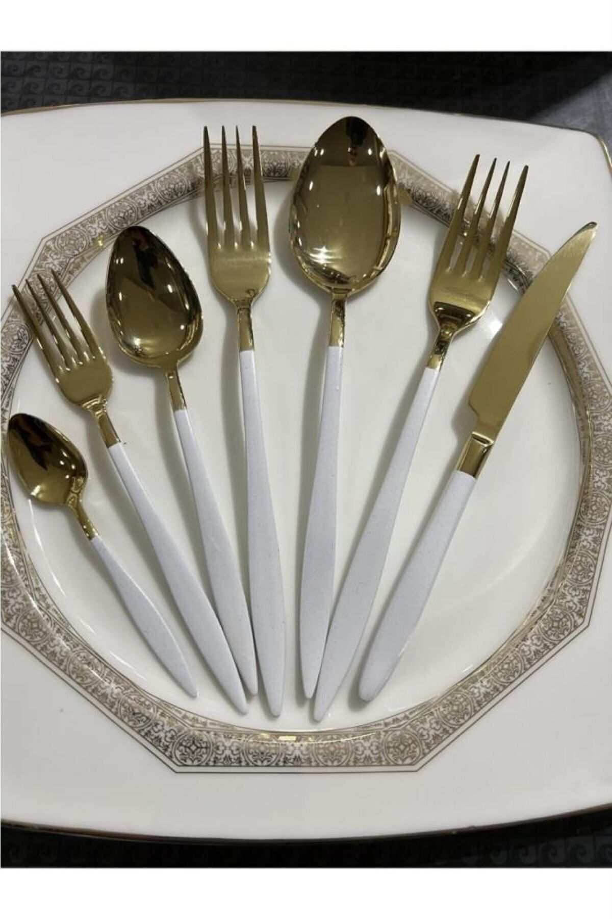 DMR LİFE Gold Dine Beyaz 84 Parça | Çatal Kaşık Bıçak Takımı | Gold | 12 Kişilik | 18/10 Paslanmaz Çelik
