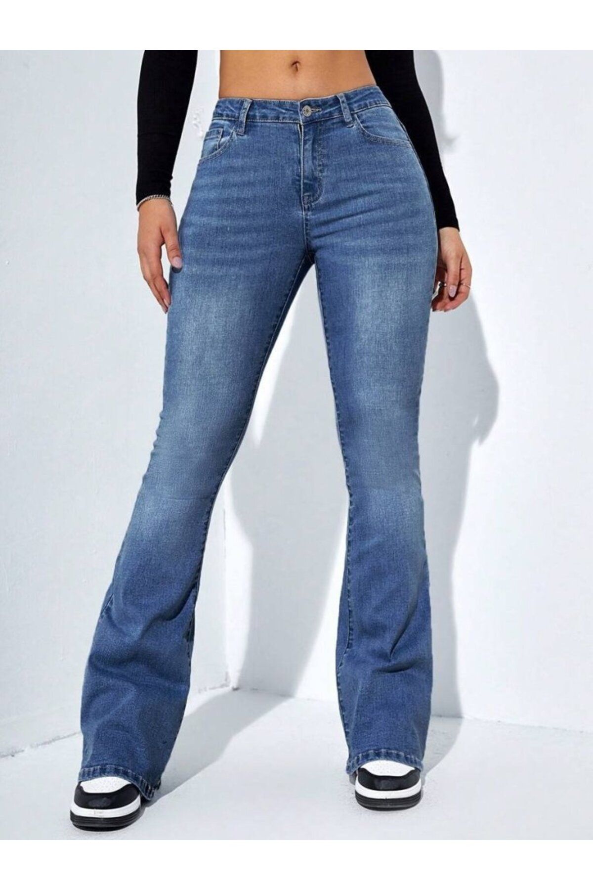 royq Kadın Yüksek Bel Cepli İspanyol Paçalı Kot Jeans Pantolon