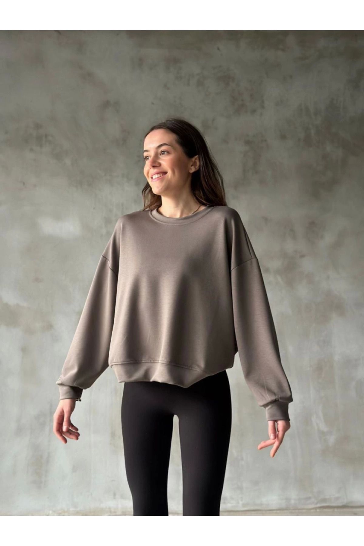 royq Osy Modal Yumuşak Dokulu Kumaş Bisiklet Yaka Oversize Sweatshirt - Gri
