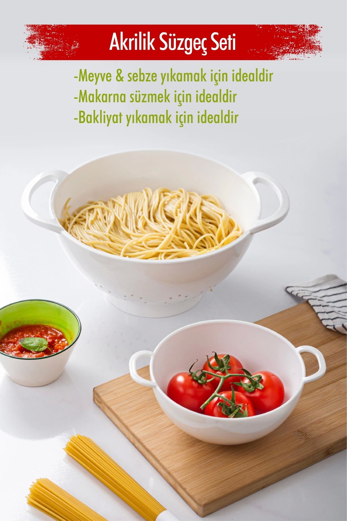 FTT SHOPPING MARKET Akrilik Beyaz 2 Li Süzgeç Seti ( Makarna & Pirinç Süzgeci )