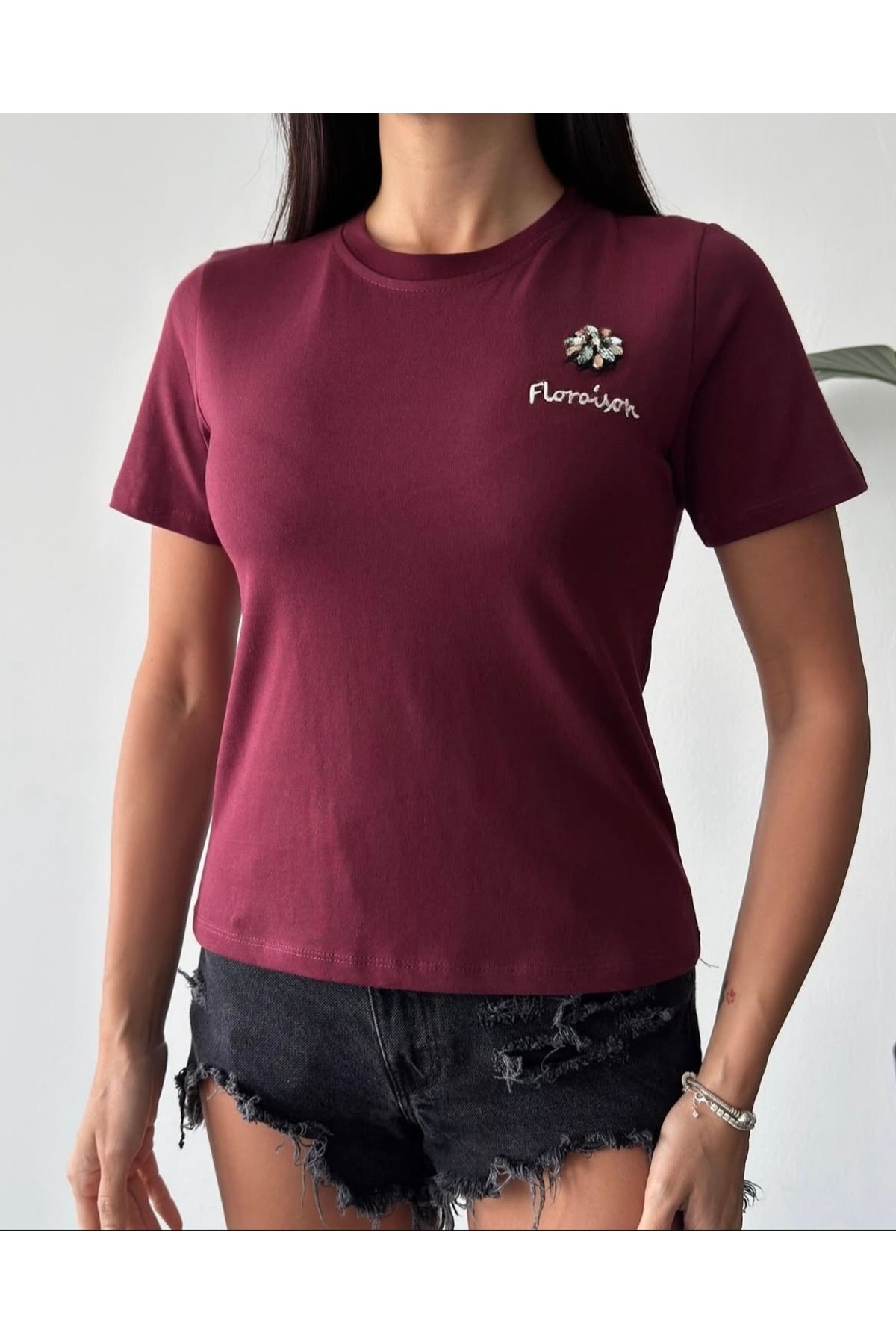 GESVAGES Broş Detaylı Bordo Tshirt