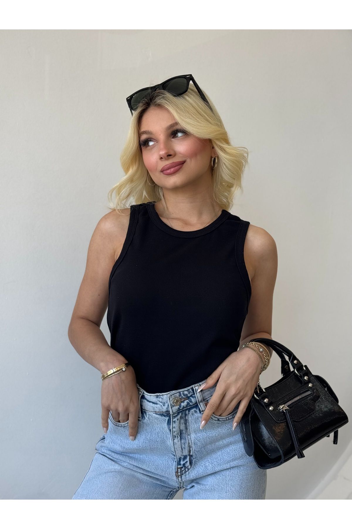 FHELIA Kadın Siyah %100 Pamuk Normal Kalıp Likralı Kaşkorse Basic Body Atlet