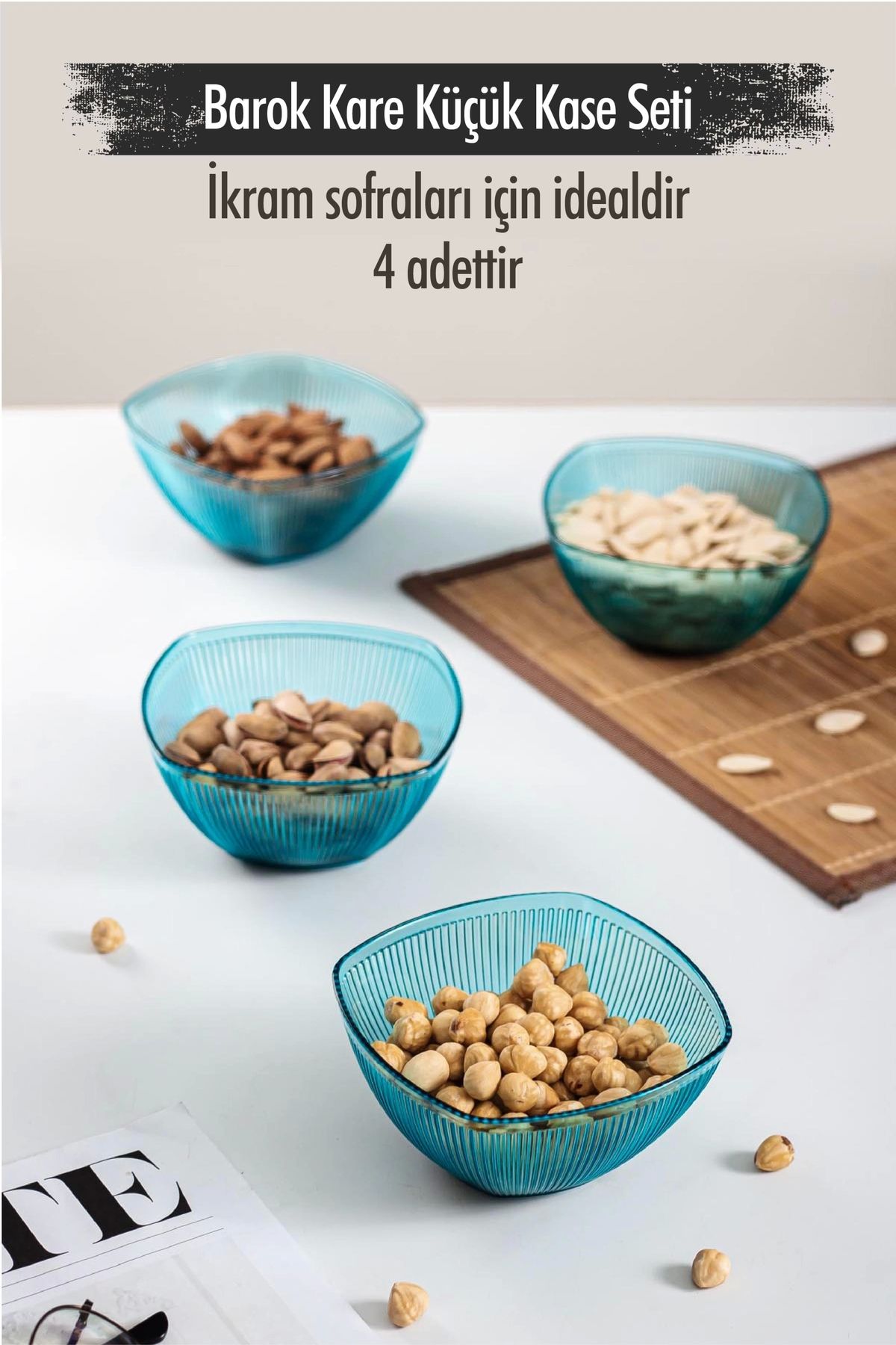 FTT SHOPPING MARKET Akrilik Barok Aquamarin Kare 4'lü Küçük Kase Seti & Çerezlik & Sunumluk & İkramlık (Cam Değildir) 60