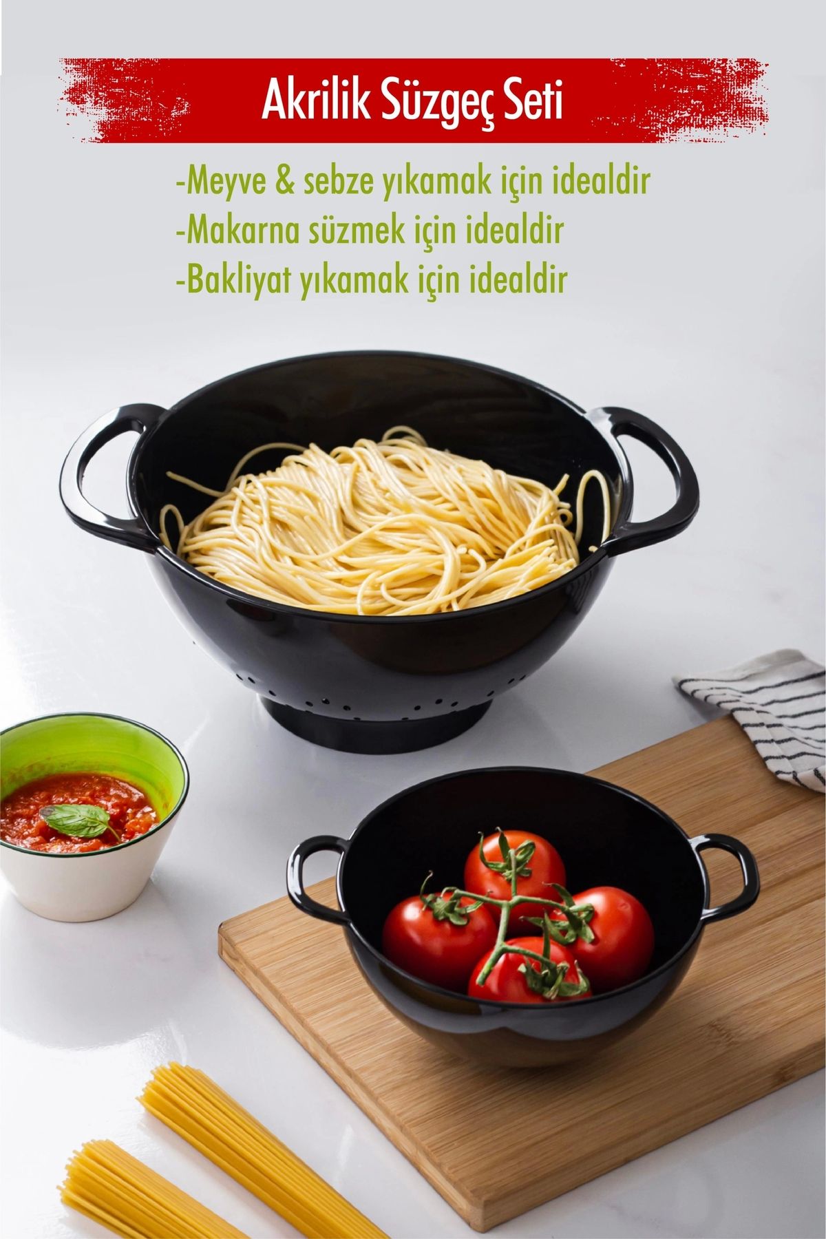 FTT SHOPPING MARKET Akrilik Siyah 2 Li Süzgeç Seti ( Makarna & Pirinç Süzgeci )