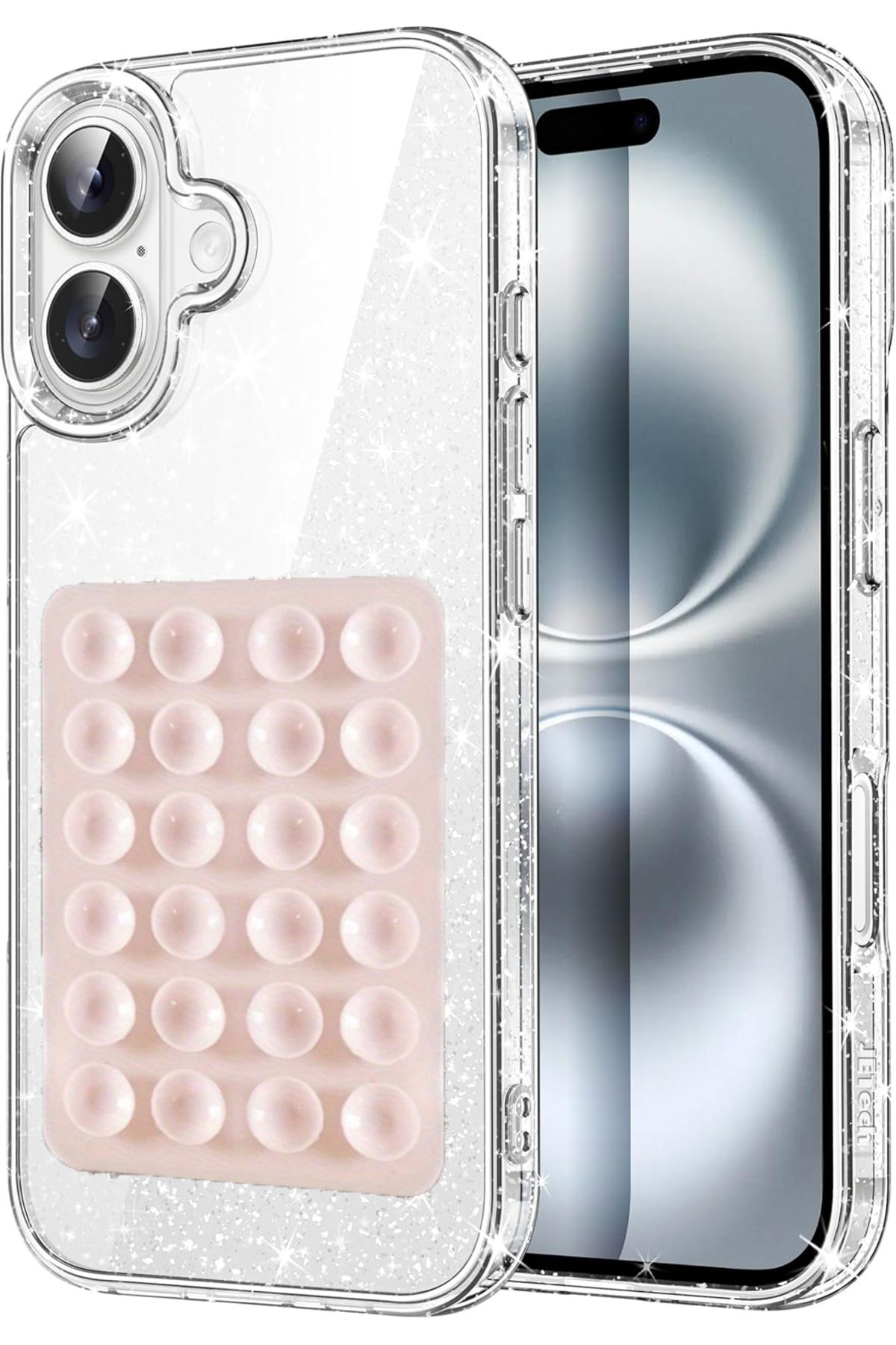 EDELFU iPhone 16 için UYUMLU Simli Sert Sararmaz Şeffaf Kılıf, Telefon Tutacağı Vakum Silikon ve Kapak