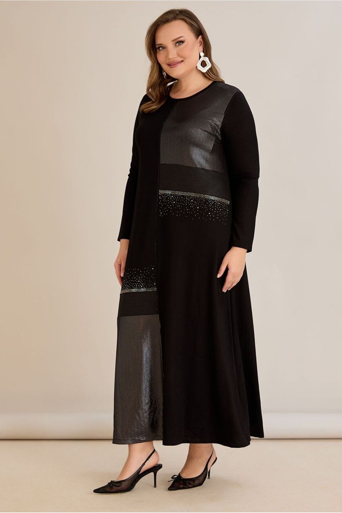 FOR ESRA BIG TREND-Women's Large Size Foil Line Pattern Stone Print Stretchy Maxi Length Long Sleeve Viscose Dress 4