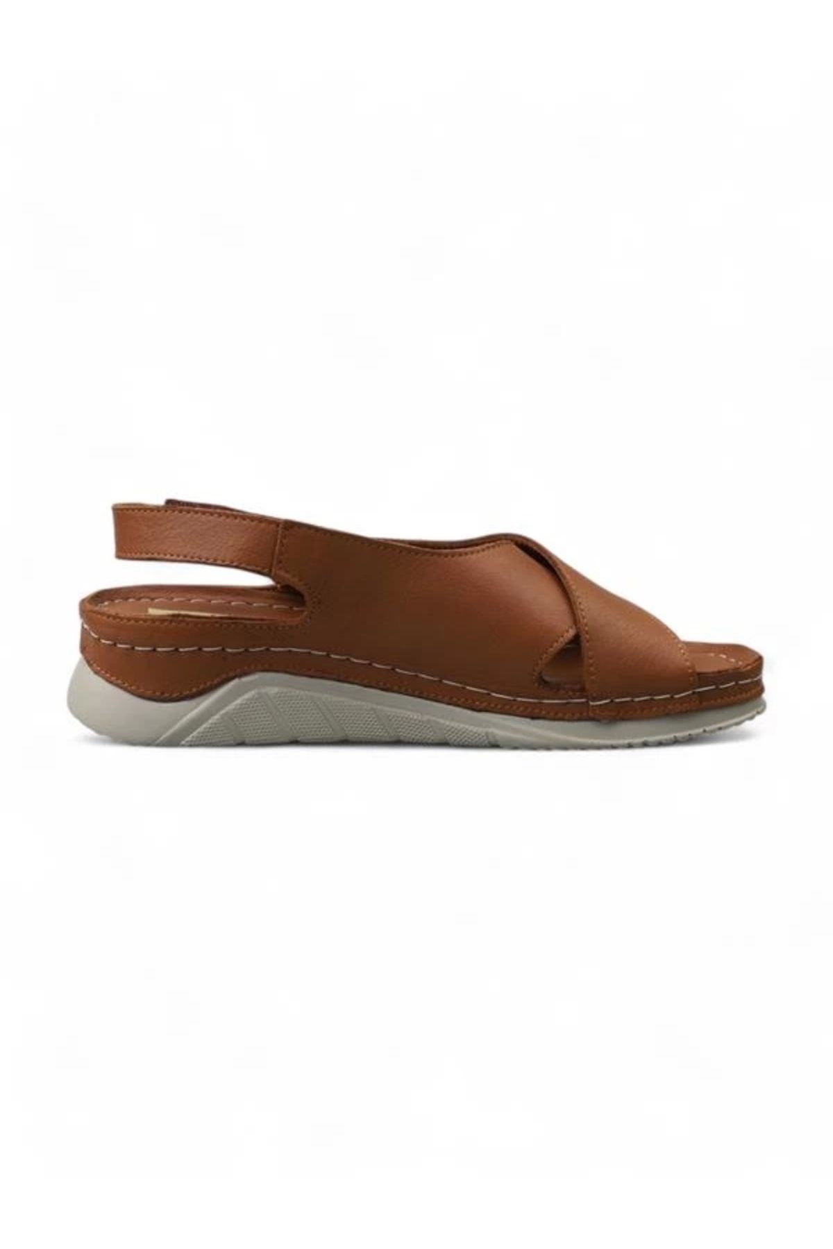 Kuum K532104 Tam Ortapedik Topuktan Cırt Cırt Ayarlı Kadın Sandalet Taba