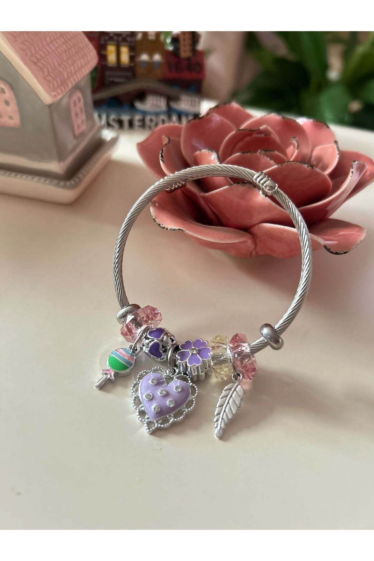 Cheecky Chic Büyük Zirkon Taşlı Mor Kalp Charm Bileklik – Paslanmaz Çelik, Ayarlanabilir Kadın Bileklik