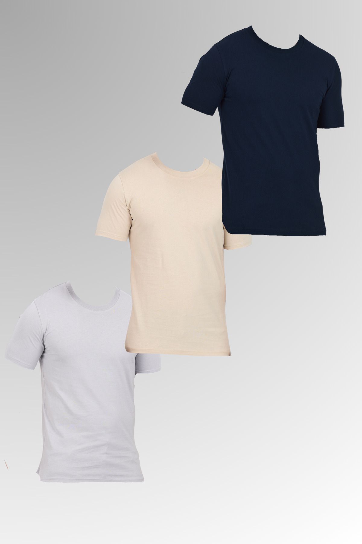 DAMGA JEANS Erkek Pamuklu Bisiklet Yaka Kısa Kollu Dar Yazlık Gri - Krem - Lacivert 3 Lü Basic Tişört Paketi