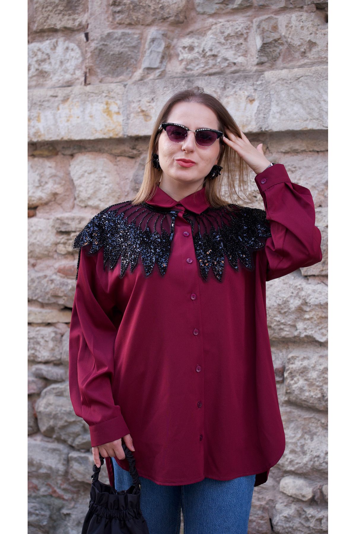 Klein 38-42 Beden Uyumlu Pul İşlemeli Bordo Gömlek