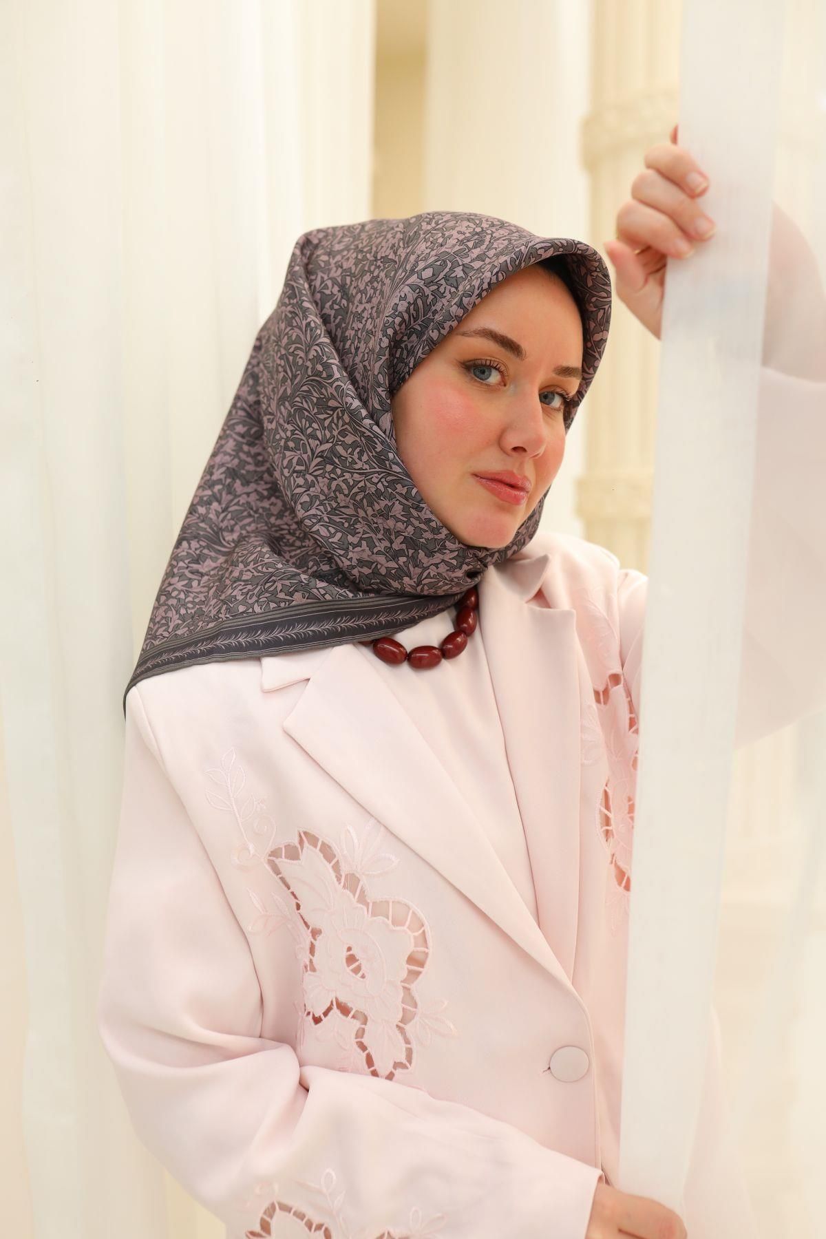 Silk Home Antrasit Lila Yaprak Desen Saf İpek Tivil Dokuma Eşarp-11459-22-KVS0704
