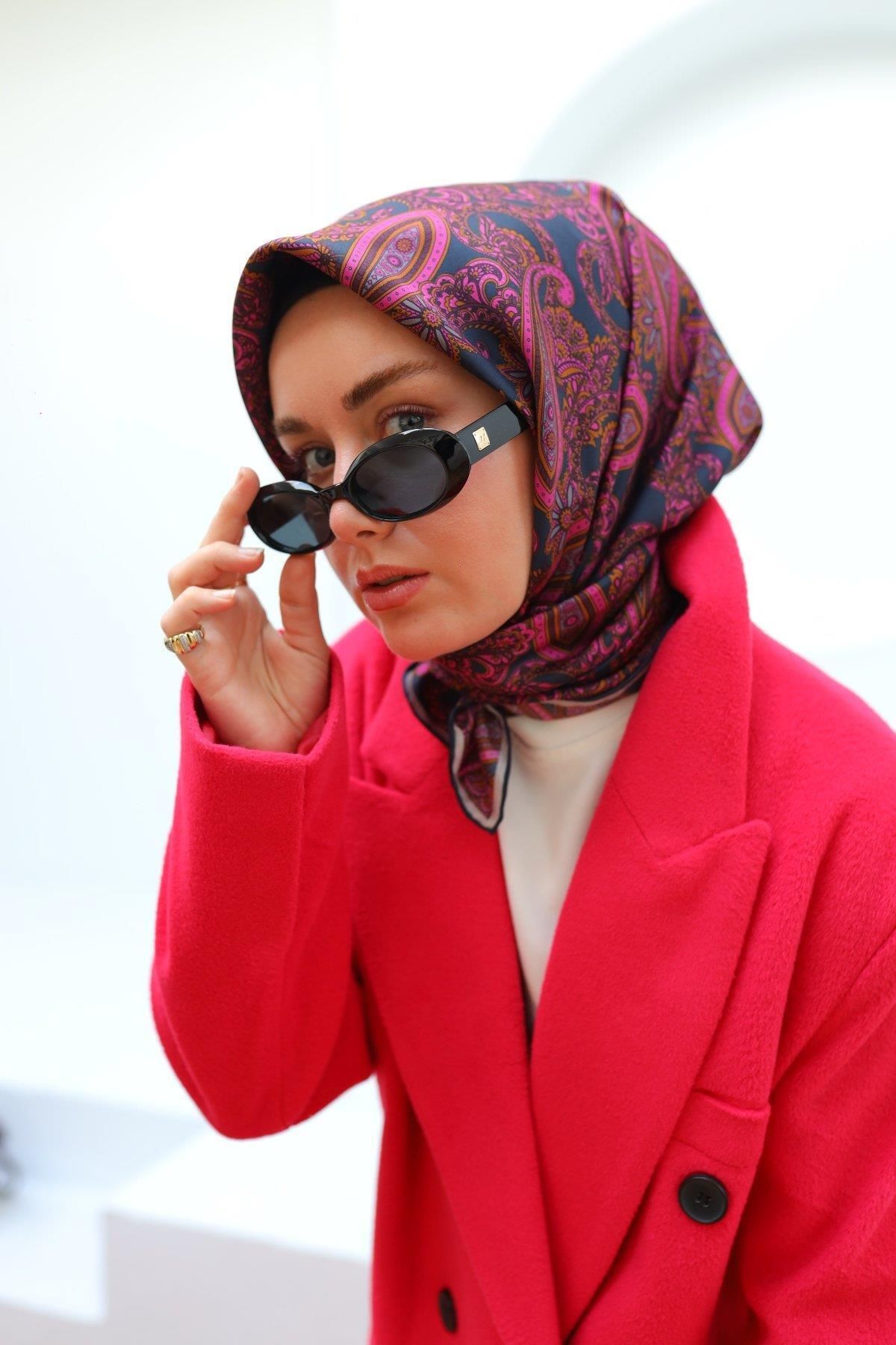 Silk Home Lacivert Fuşya Etnik Desen Saf İpek Tivil Dokuma Eşarp-11455-33-KVS0720